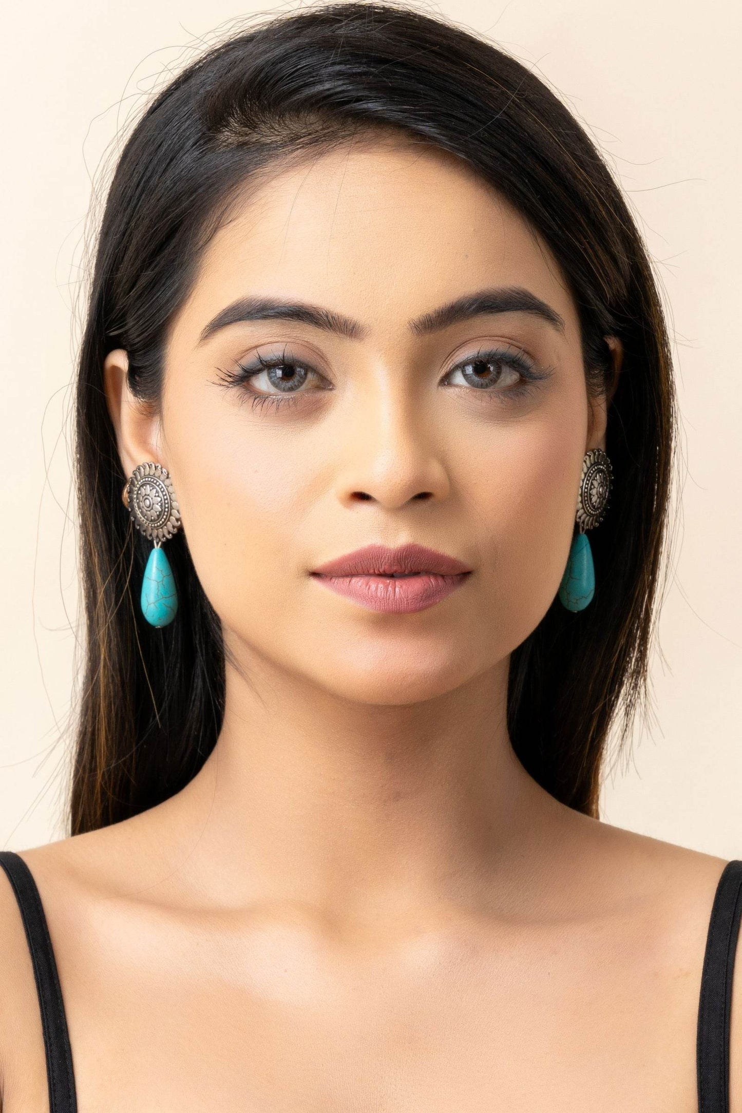 Handmade Turquoise Drop German Silver Floral Stud Earrings - Lookandadorn.com
