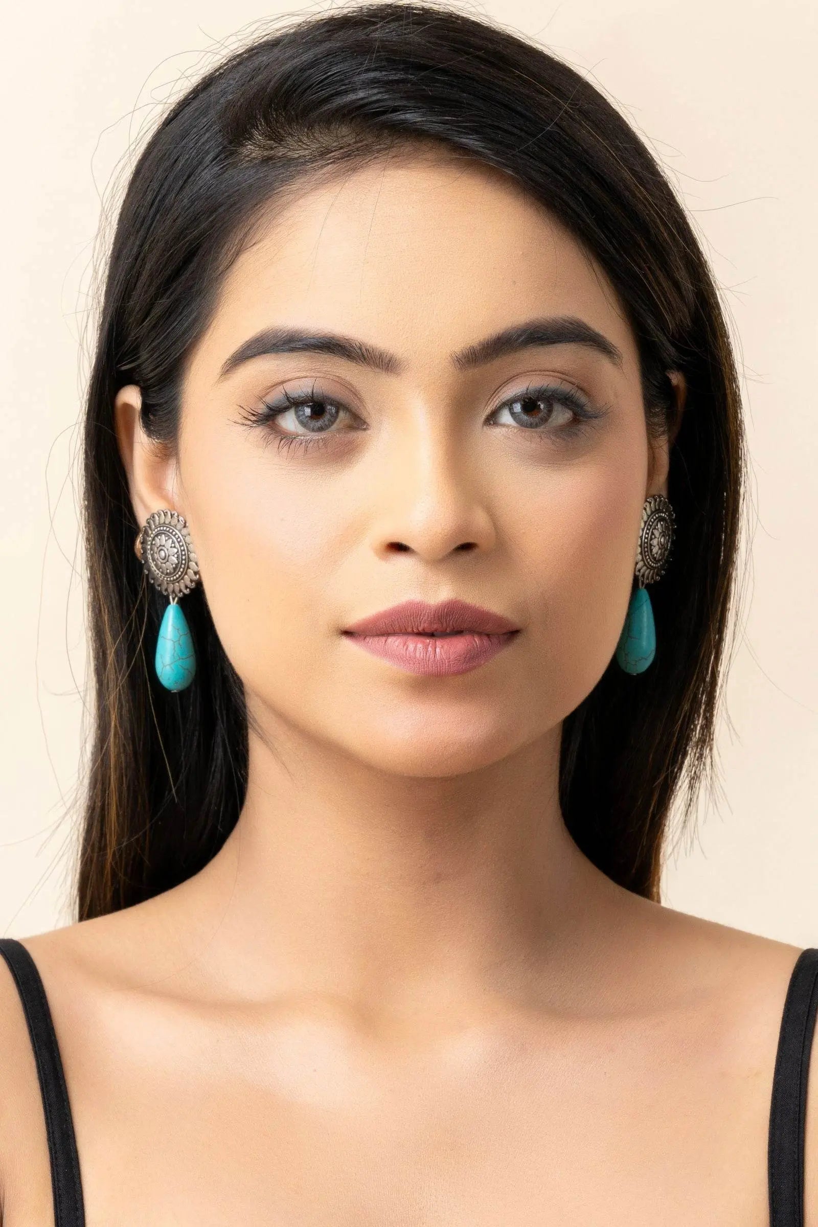 Handmade Turquoise Drop German Silver Floral Stud Earrings - Lookandadorn.com