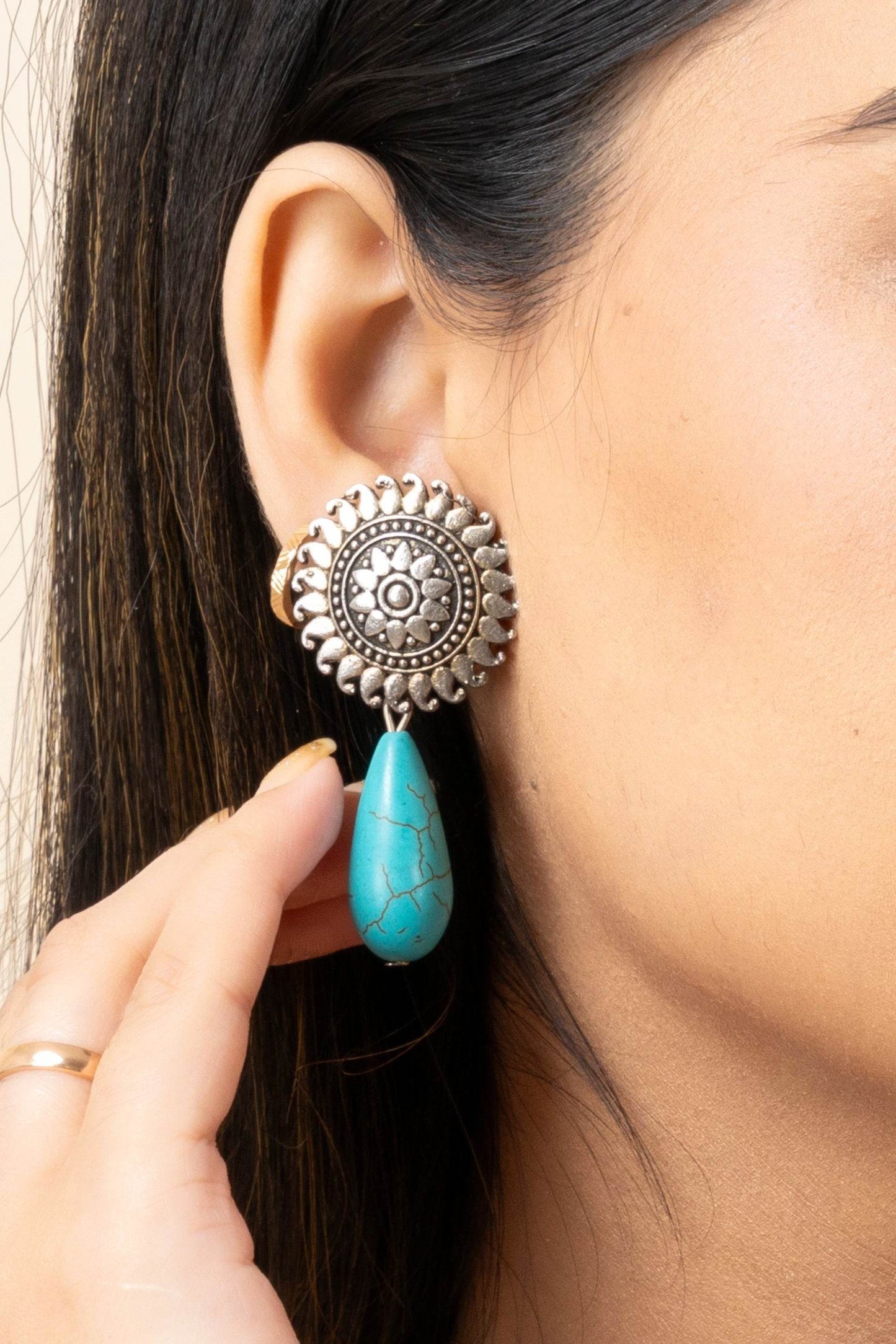 Handmade Turquoise Drop German Silver Floral Stud Earrings - Lookandadorn.com
