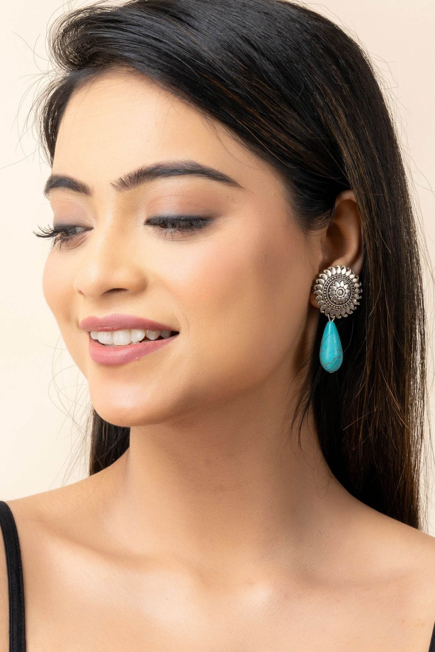 Handmade Turquoise Drop German Silver Floral Stud Earrings - Lookandadorn.com
