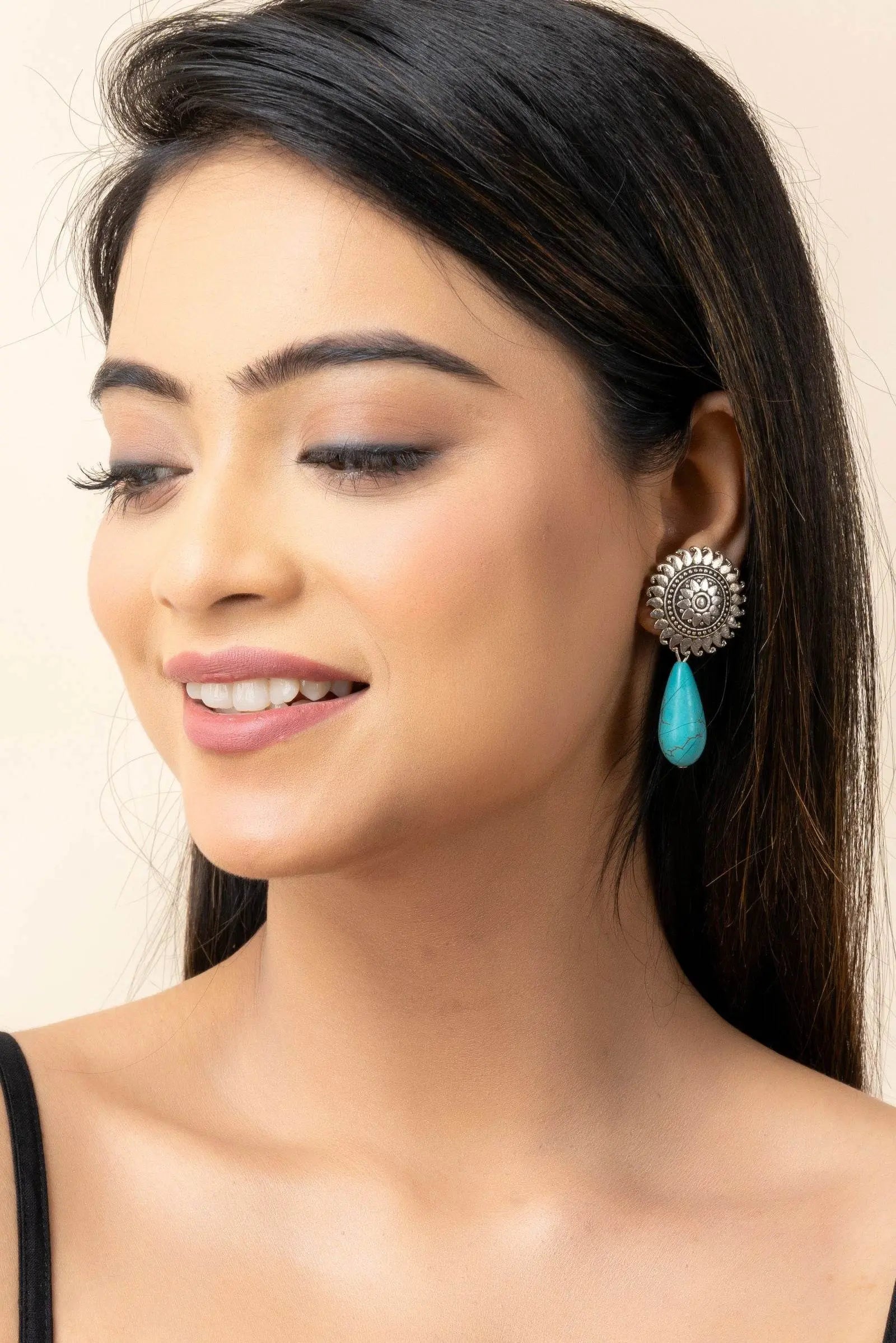 Handmade Turquoise Drop German Silver Floral Stud Earrings - Lookandadorn.com