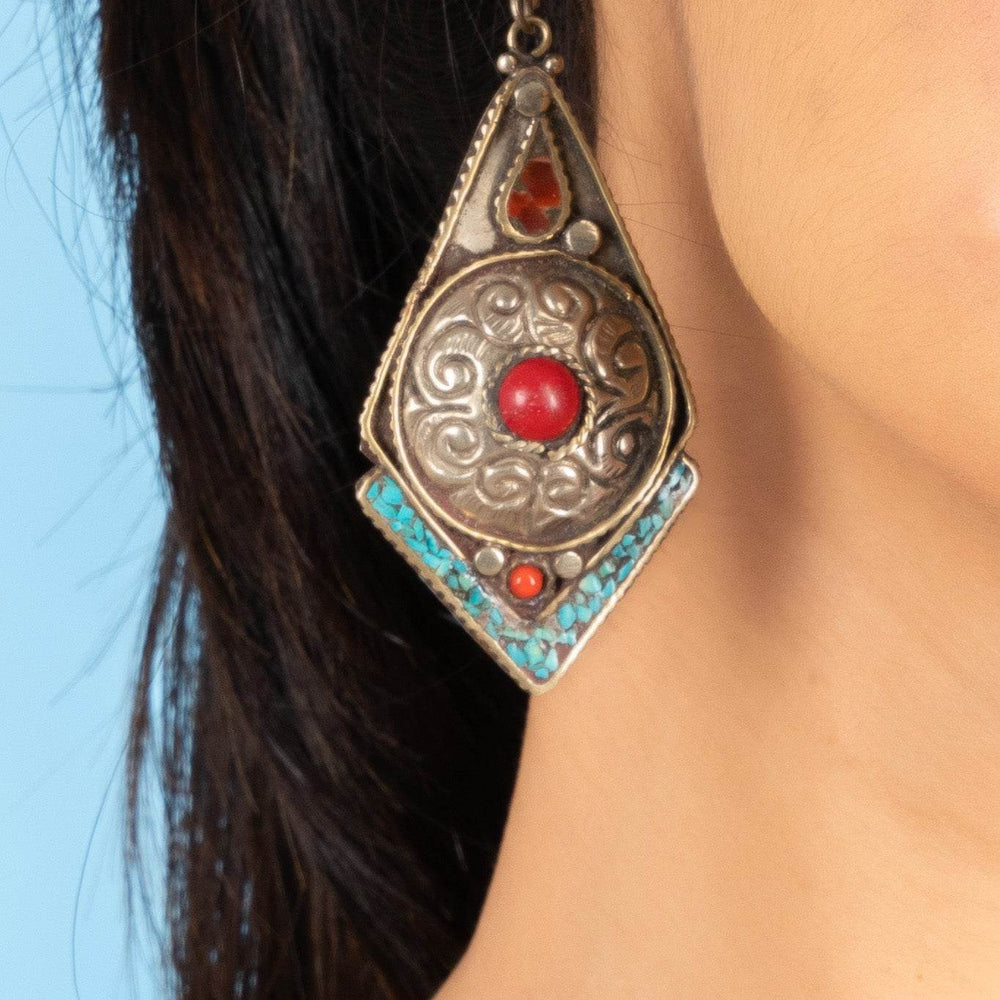 Turquoise and Red Coral Tibetan Earrings - Exquisite Artisan Design for Every Occasion - Lookandadorn.com
