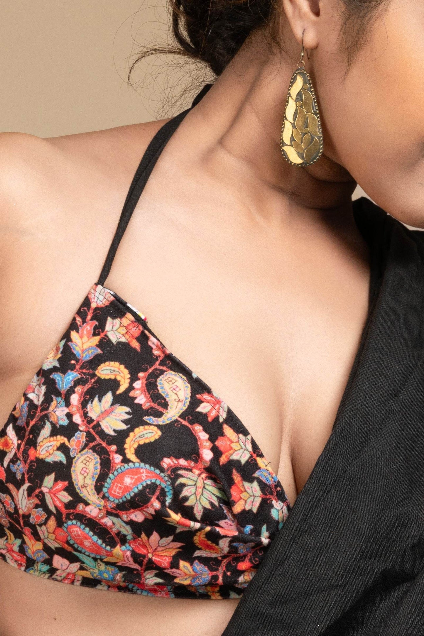 Designer Bikini Top - Velvet Self Design Backless Halter Neck Non-Padded Blouse for Women - Lookandadorn.com