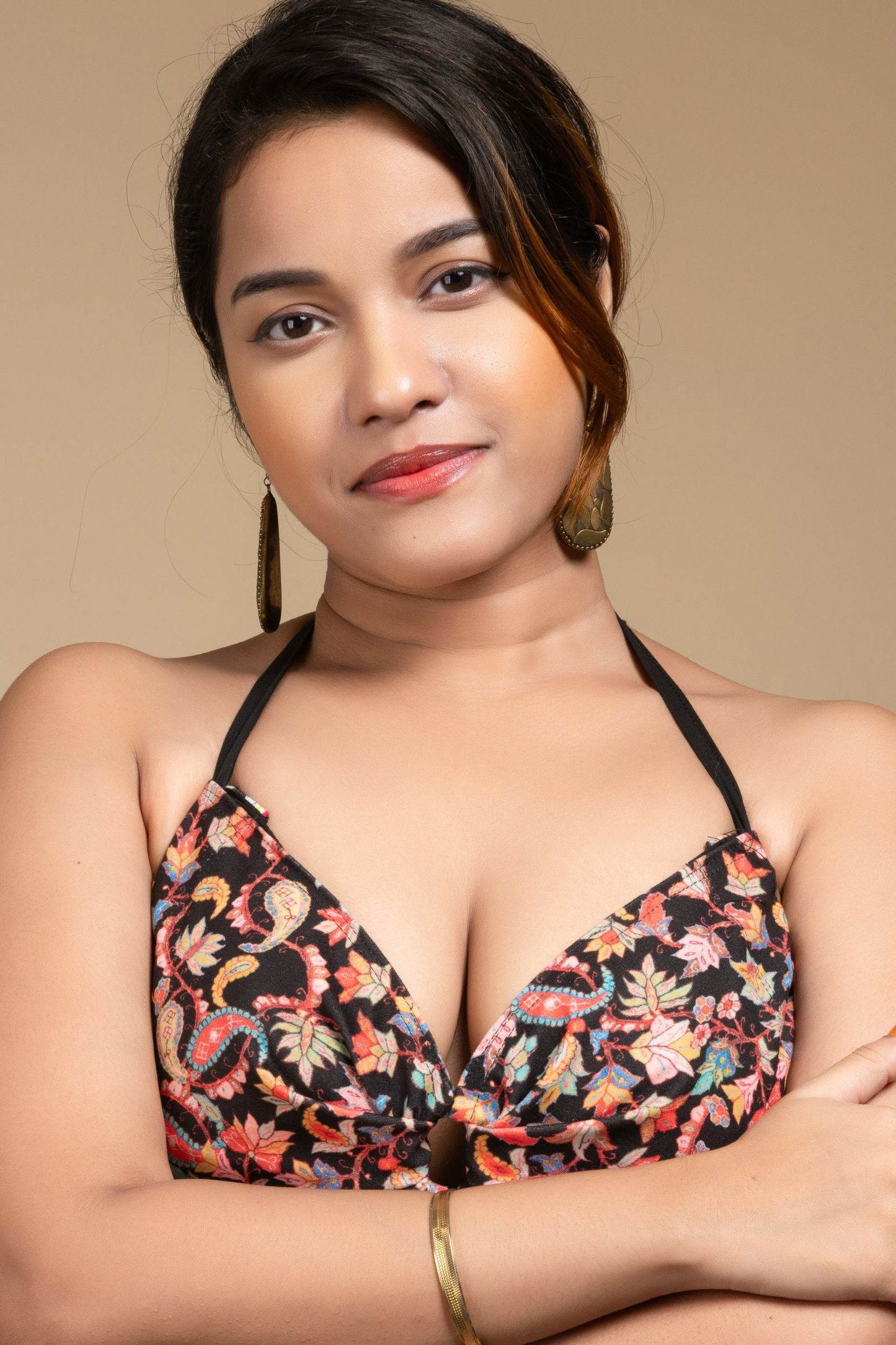 Designer Bikini Top - Velvet Self Design Backless Halter Neck Non-Padded Blouse for Women - Lookandadorn.com