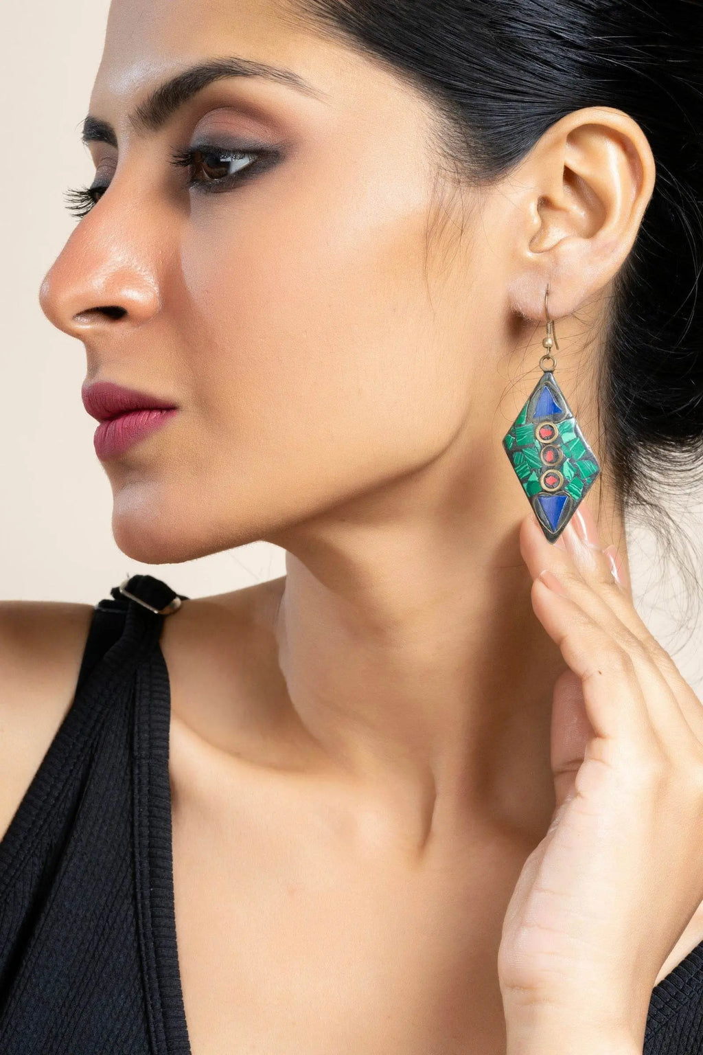 Vibrant Tibetan Earrings in Red, Blue, and Green