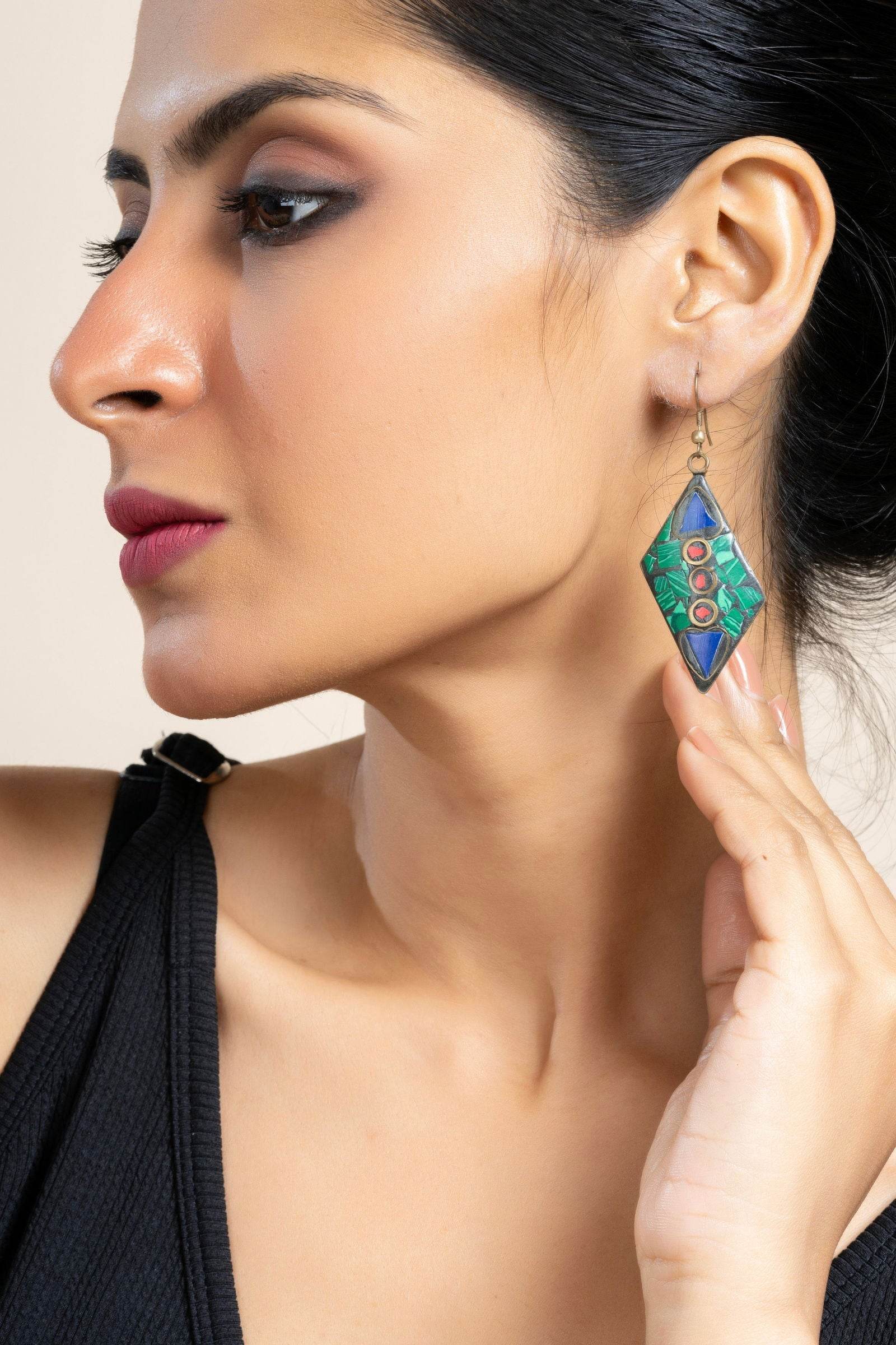 Vibrant Tibetan Earrings in Red, Blue, and Green