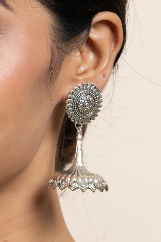 German Silver Floral Stud Jhumka Earring