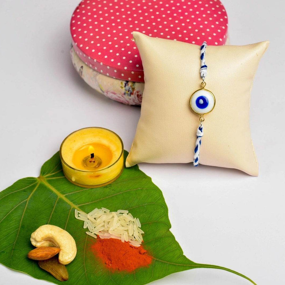 White & Blue Round Onyx Evil Eye Rakhi with Roli & Chawal - Handmade Designer Gift for Brothers - Lookandadorn.com