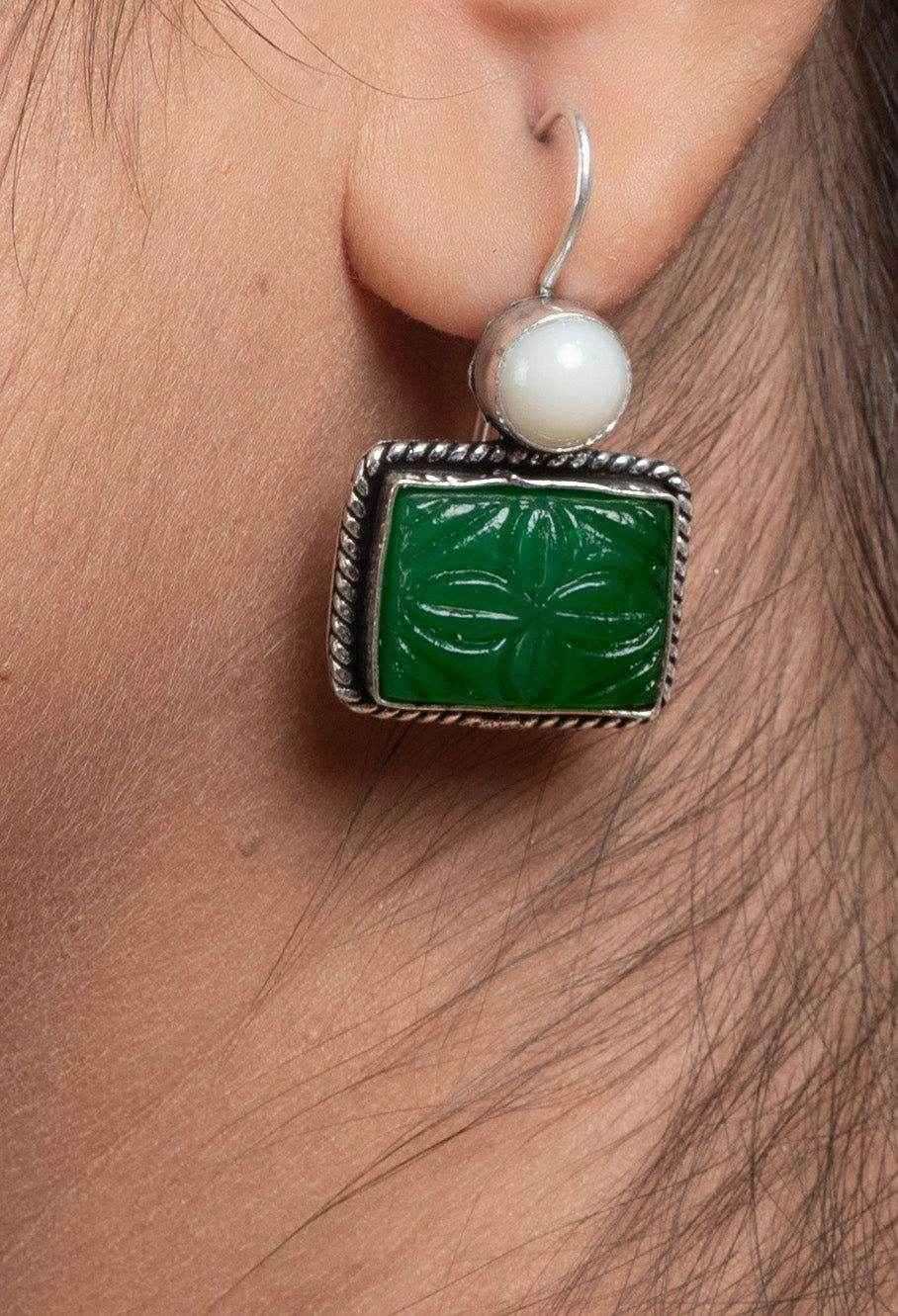 White Green Carved Stone Earrings In Oxidized Silver, Non-Allergic, Perfect For Gifting - Lookandadorn.com