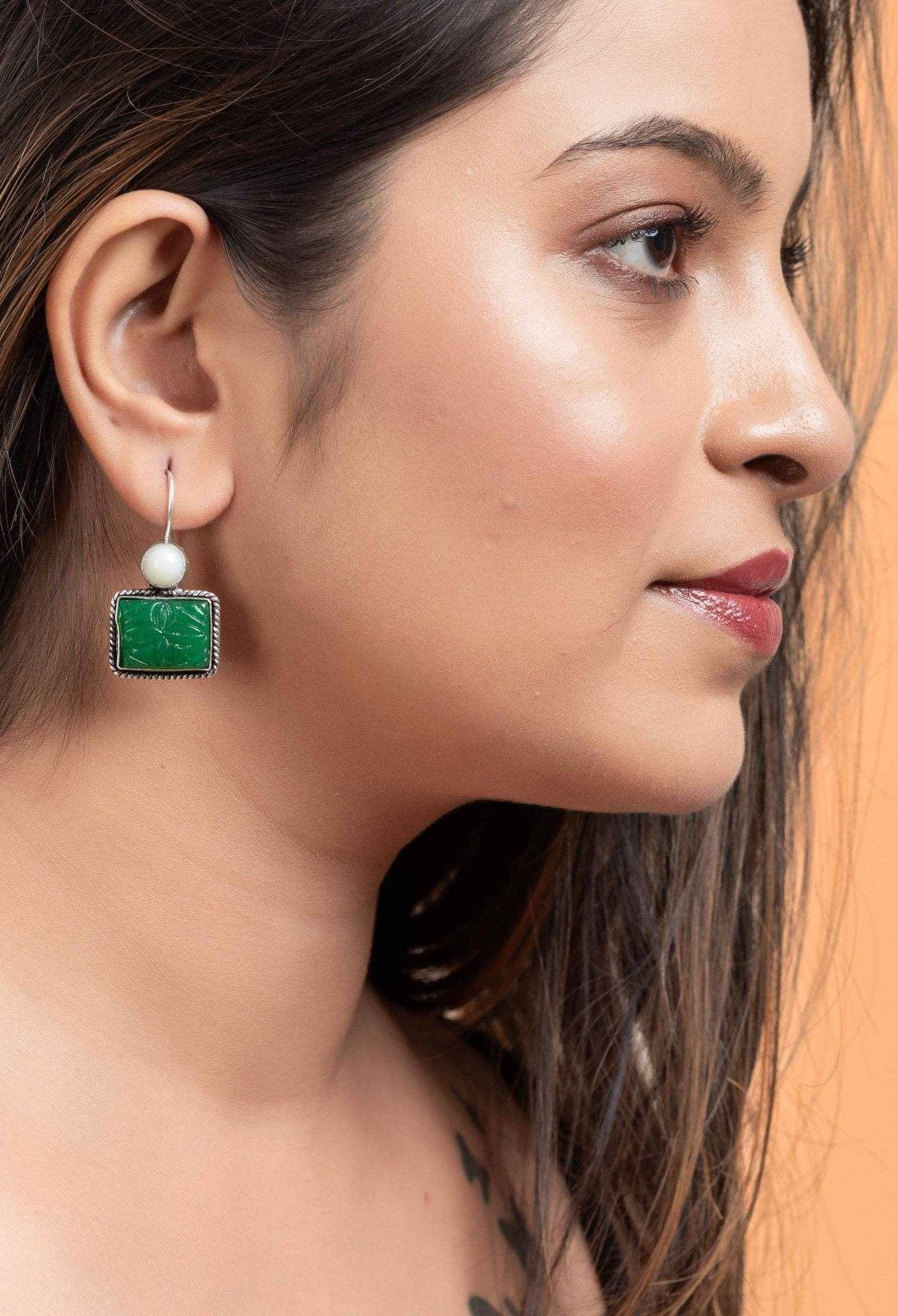 White Green Carved Stone Earrings In Oxidized Silver, Non-Allergic, Perfect For Gifting - Lookandadorn.com