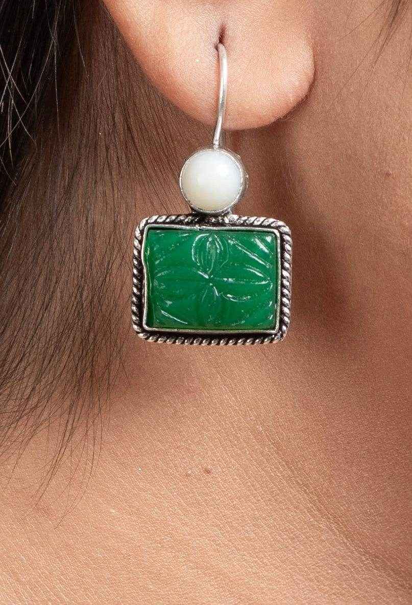 White Green Carved Stone Earrings In Oxidized Silver, Non-Allergic, Perfect For Gifting - Lookandadorn.com