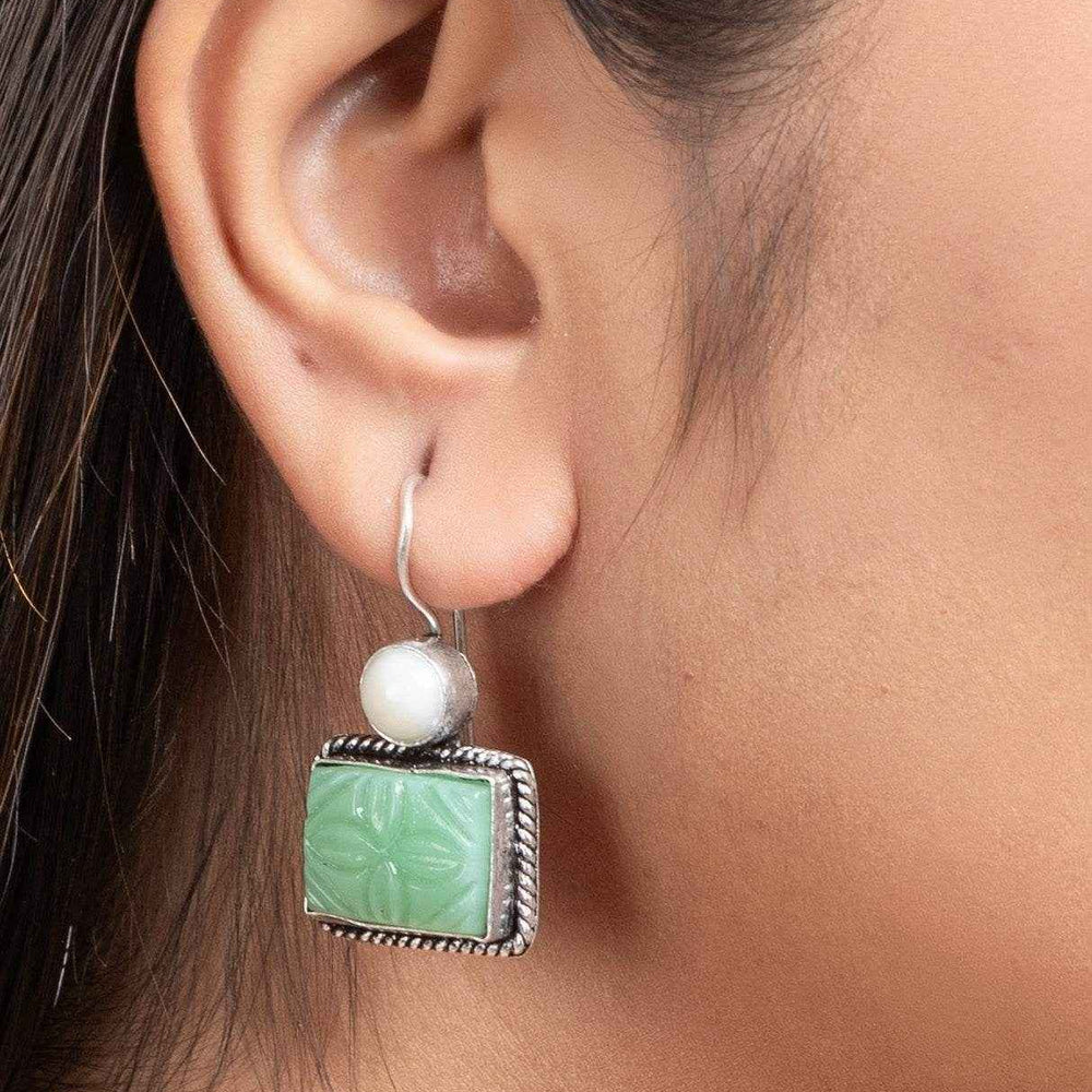 White Light Green Carved Stone Earrings in Oxidised Silver - Non-Allergic, Perfect for All Occasions - Lookandadorn.com