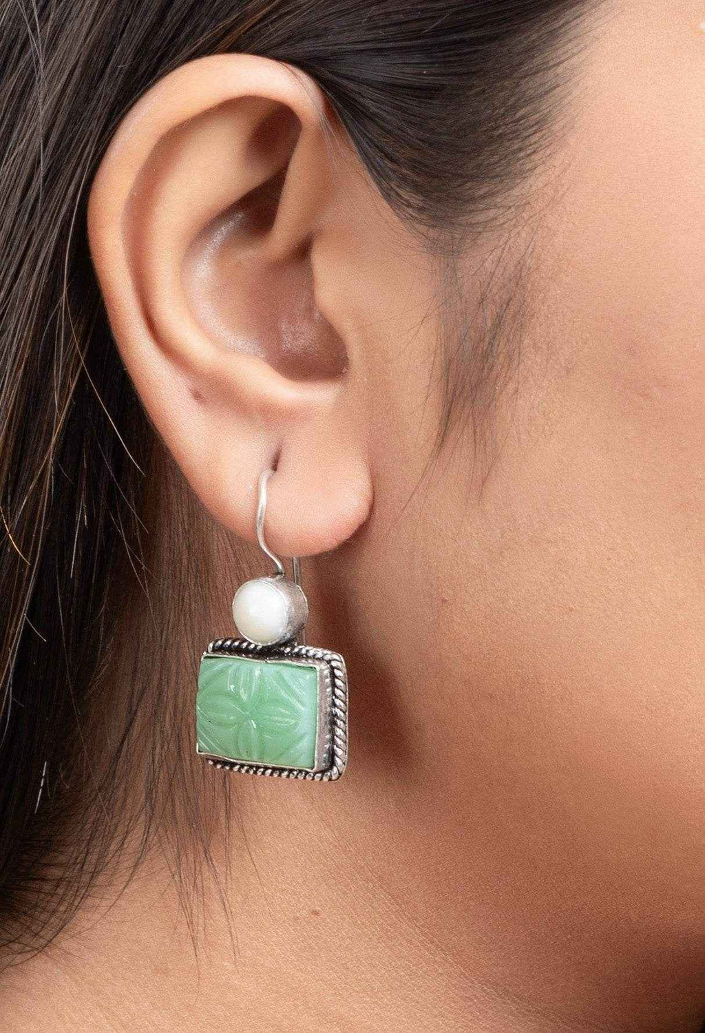 White Light Green Carved Stone Earrings in Oxidised Silver - Non-Allergic, Perfect for All Occasions - Lookandadorn.com