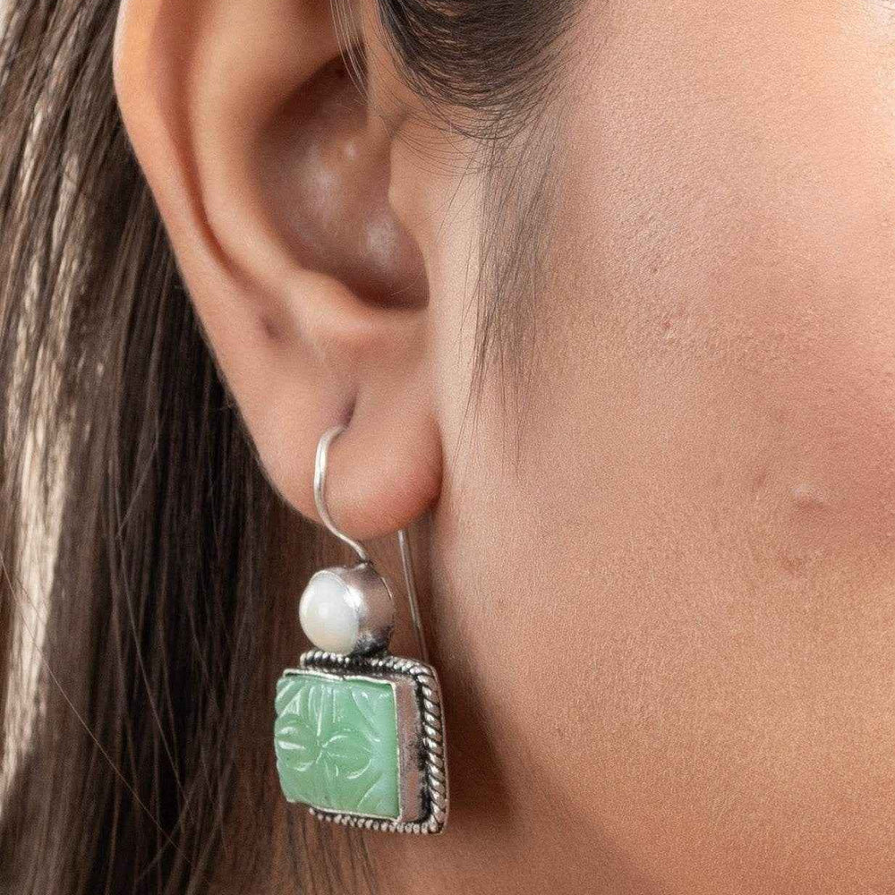 White Light Green Carved Stone Earrings in Oxidised Silver - Non-Allergic, Perfect for All Occasions - Lookandadorn.com