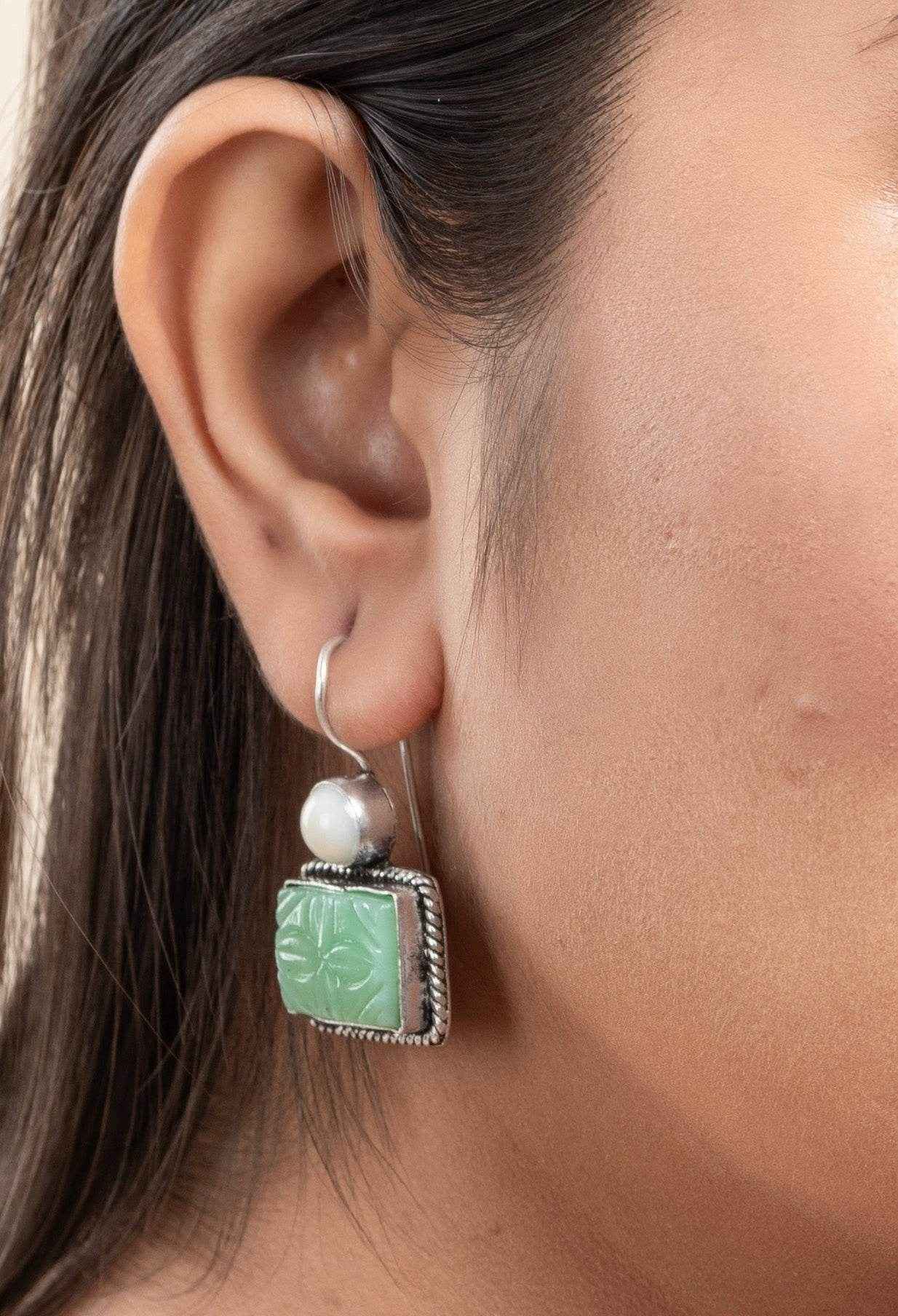 White Light Green Carved Stone Earrings in Oxidised Silver - Non-Allergic, Perfect for All Occasions - Lookandadorn.com