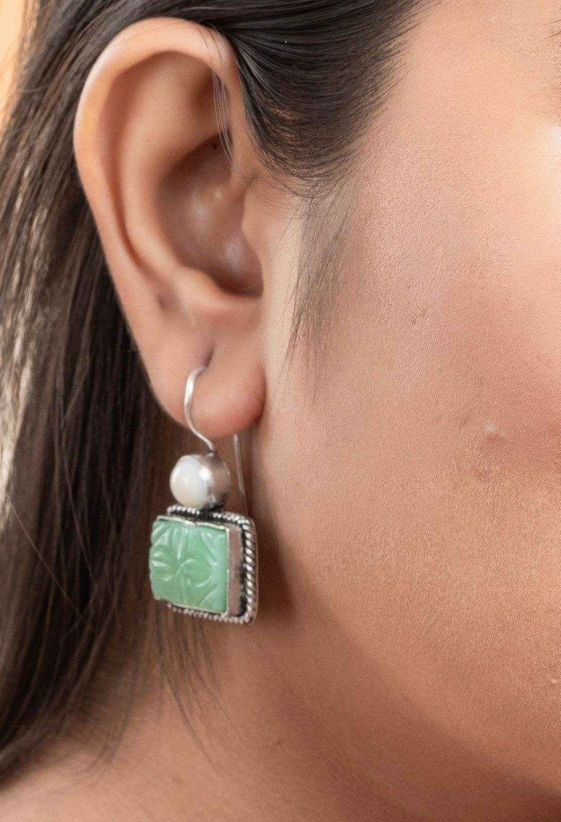 White Light Green Carved Stone Earrings in Oxidised Silver - Non-Allergic, Perfect for All Occasions - Lookandadorn.com
