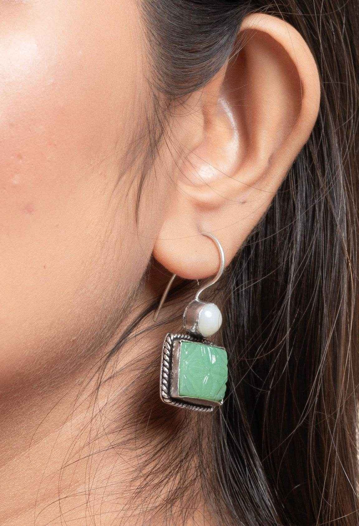 White Light Green Carved Stone Earrings in Oxidised Silver - Non-Allergic, Perfect for All Occasions - Lookandadorn.com
