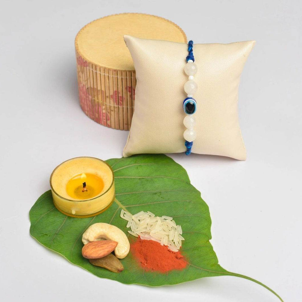White Onyx and Blue Evil Eye Rakhi Set with Roli and Chawal - Handmade Designer Rakhi for Brothers - Lookandadorn.com