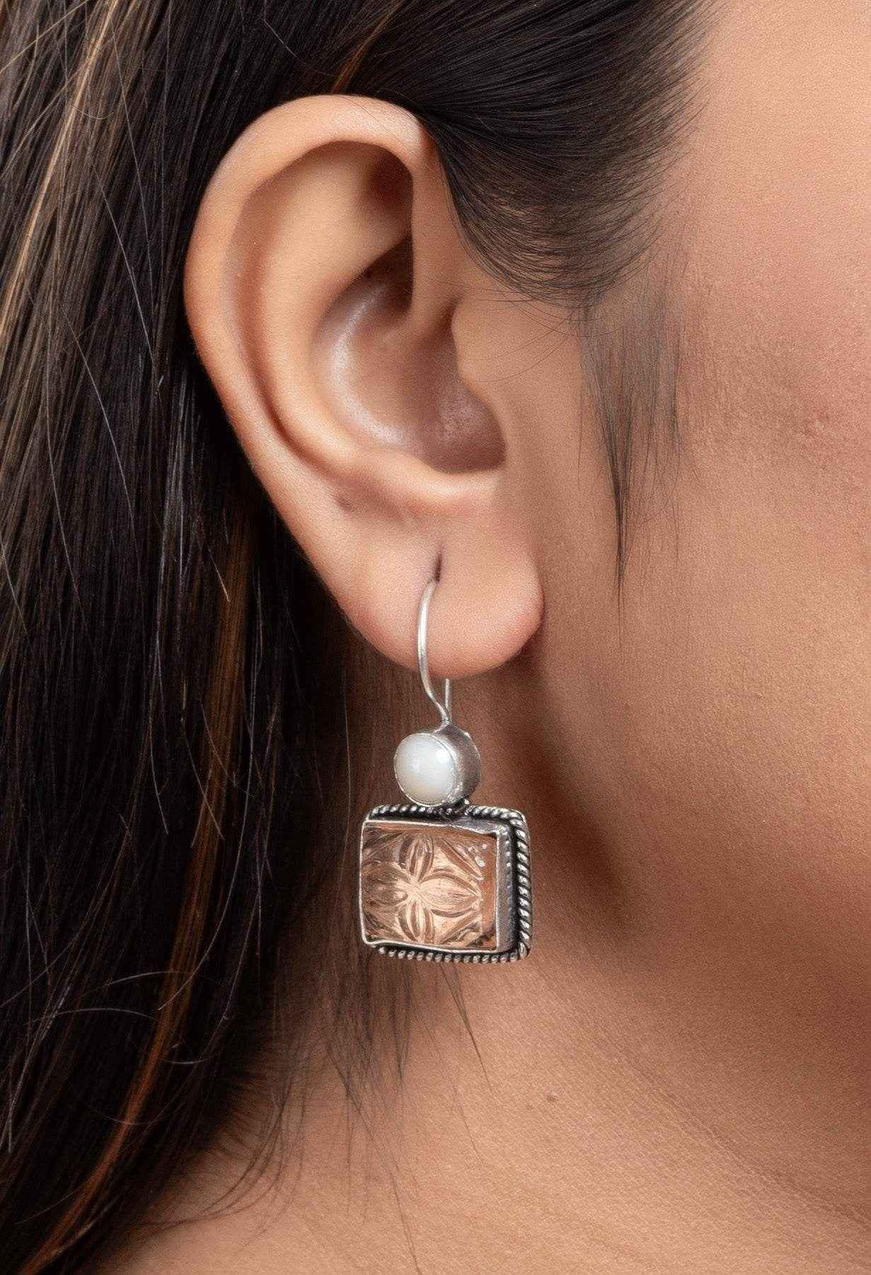 White Peach Carved Stone Oxidised Silver Earrings - Non-Allergic, Perfect For Gifting, All Occasions - Lookandadorn.com