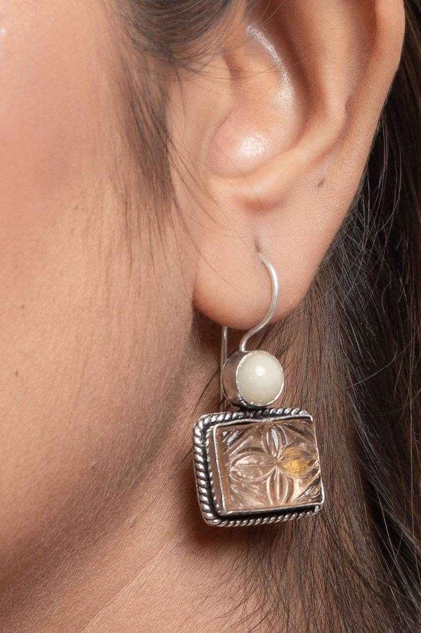 White Peach Carved Stone Oxidised Silver Earrings - Non-Allergic, Perfect For Gifting, All Occasions - Lookandadorn.com