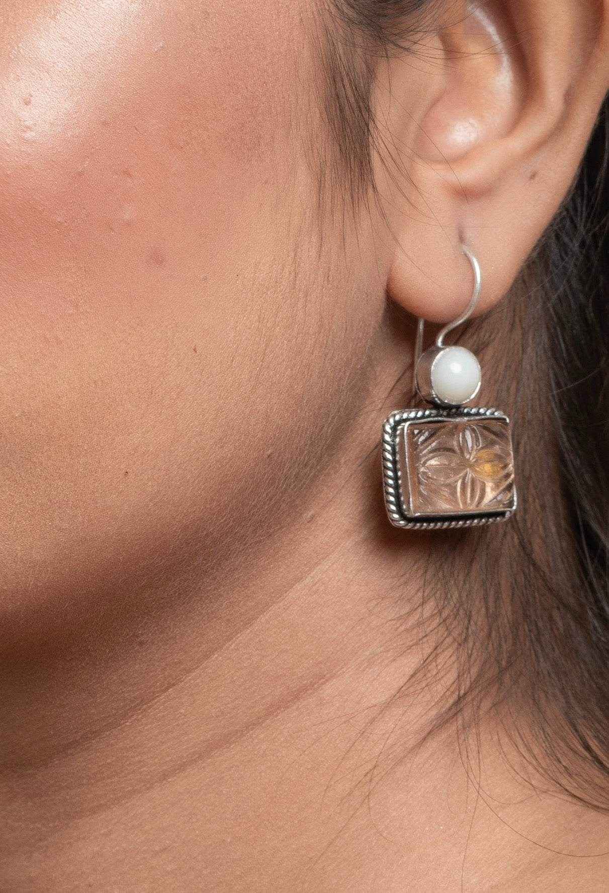 White Peach Carved Stone Oxidised Silver Earrings - Non-Allergic, Perfect For Gifting, All Occasions - Lookandadorn.com