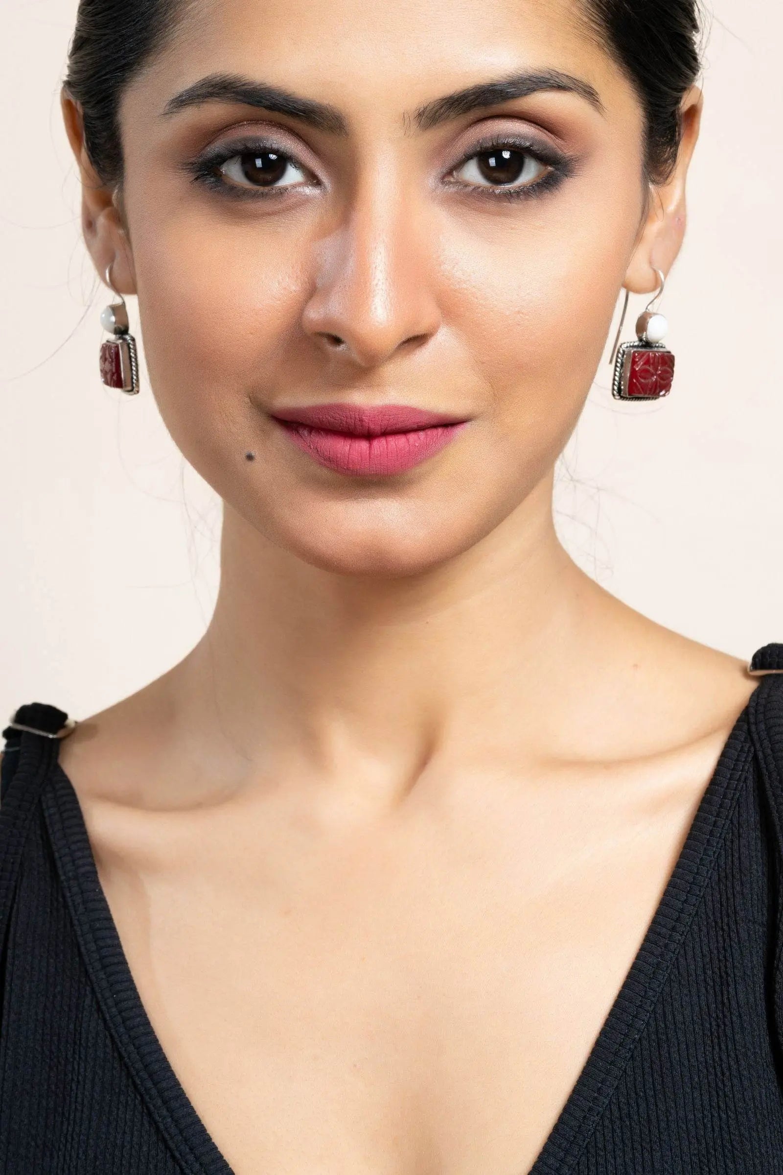 White and Red Carved Stone Oxidised Silver Earrings - Elegant, Non-Allergic Design for Any Occasion - Lookandadorn.com