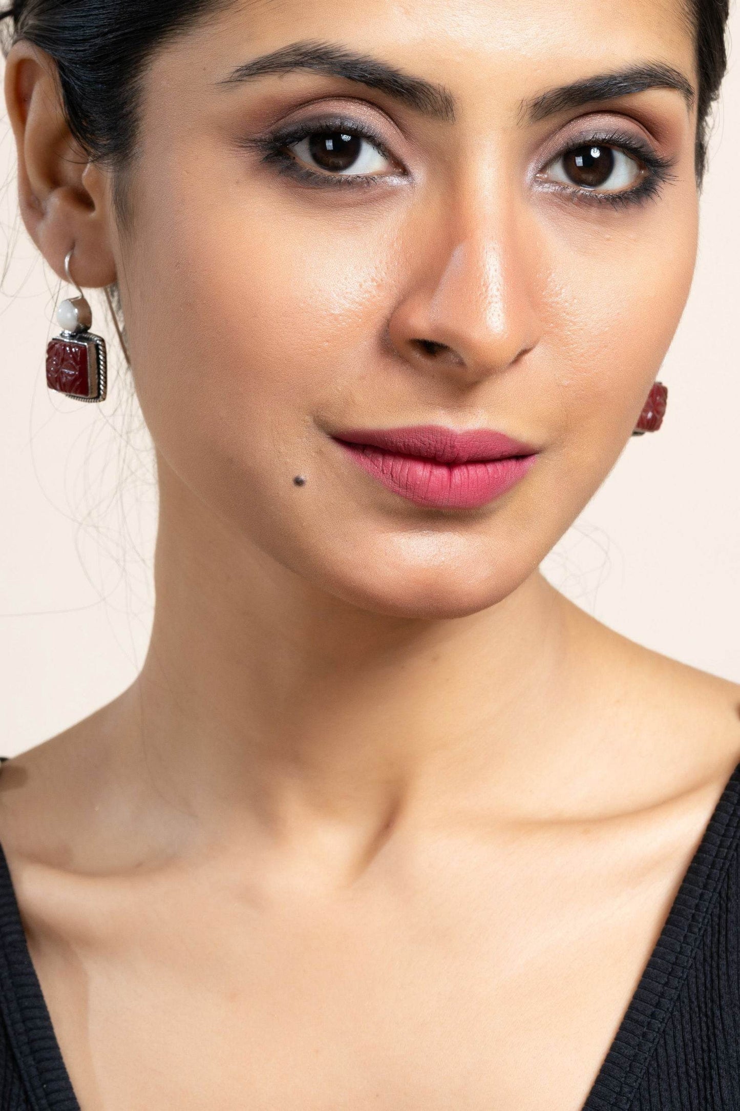 White and Red Carved Stone Oxidised Silver Earrings - Elegant, Non-Allergic Design for Any Occasion - Lookandadorn.com