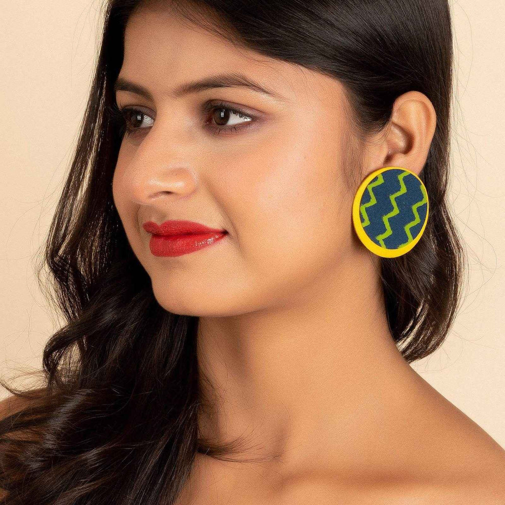 Handmade Yellow Green Zigzag Ajrakh Lightweight Fabric Earrings - Non-Allergic Plating for All Occasions - Lookandadorn.com