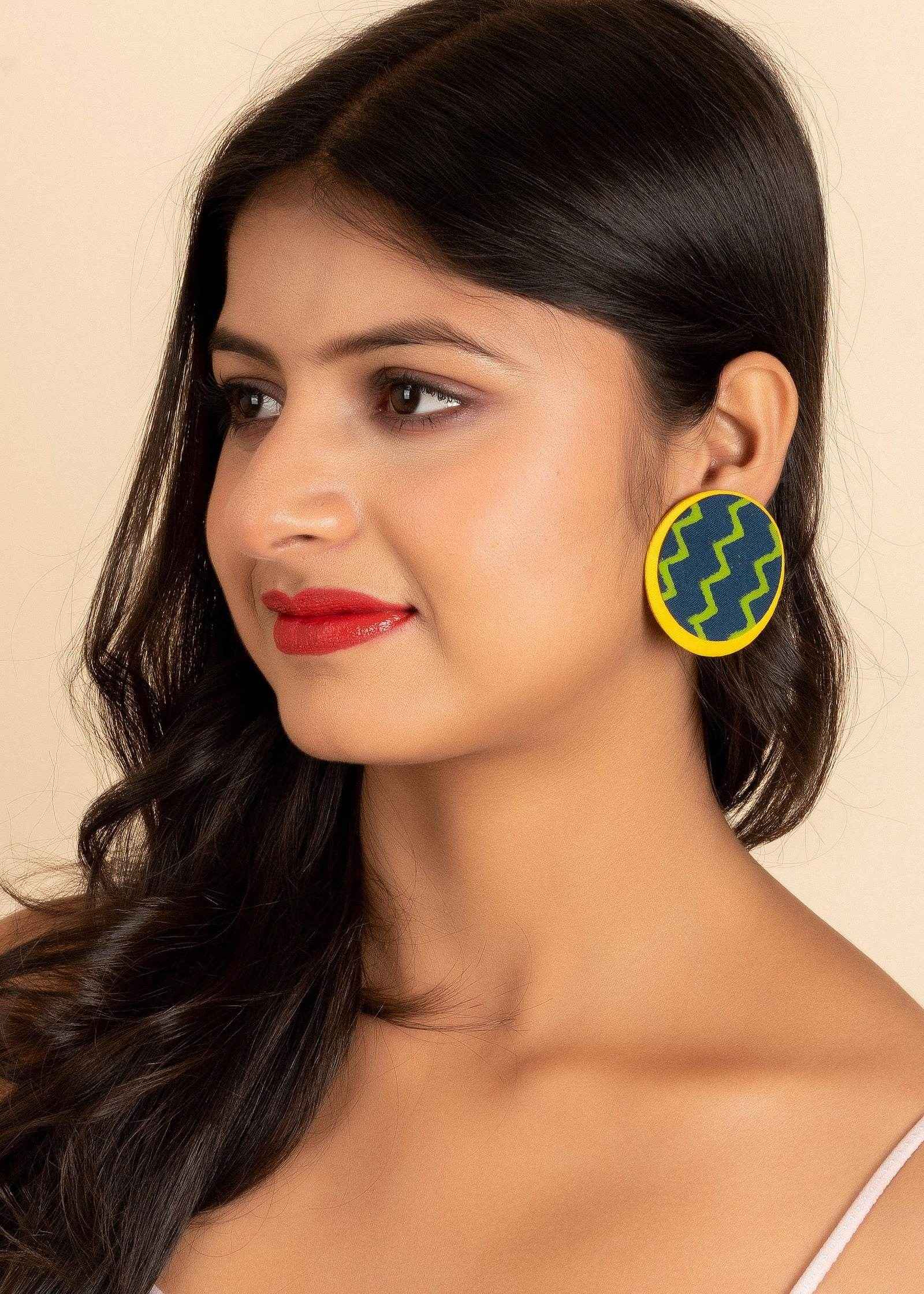 Handmade Yellow Green Zigzag Ajrakh Lightweight Fabric Earrings - Non-Allergic Plating for All Occasions - Lookandadorn.com