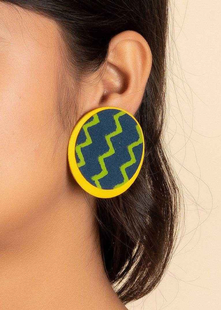 Handmade Yellow Green Zigzag Ajrakh Lightweight Fabric Earrings - Non-Allergic Plating for All Occasions - Lookandadorn.com