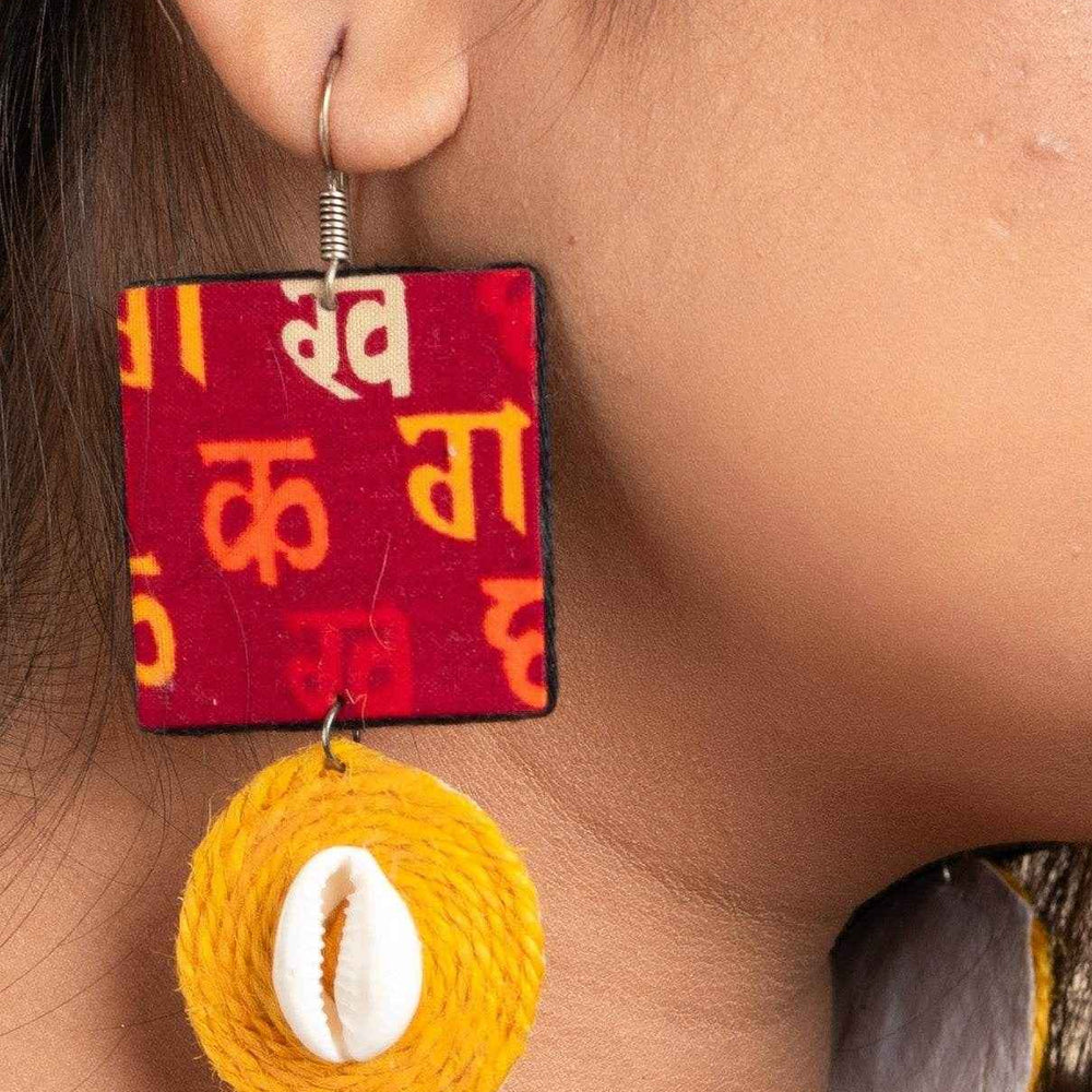 Handmade Fabric Earrings - Red Block Print with Yellow Jute Cowrie, Non-Allergic - Lookandadorn.com