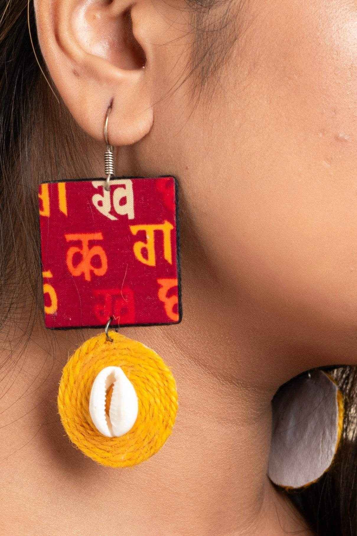 Handmade Fabric Earrings - Red Block Print with Yellow Jute Cowrie, Non-Allergic - Lookandadorn.com