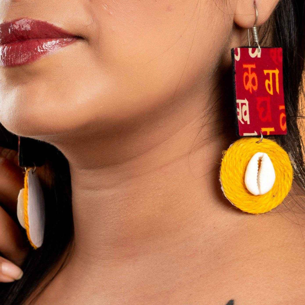 Handmade Fabric Earrings - Red Block Print with Yellow Jute Cowrie, Non-Allergic - Lookandadorn.com