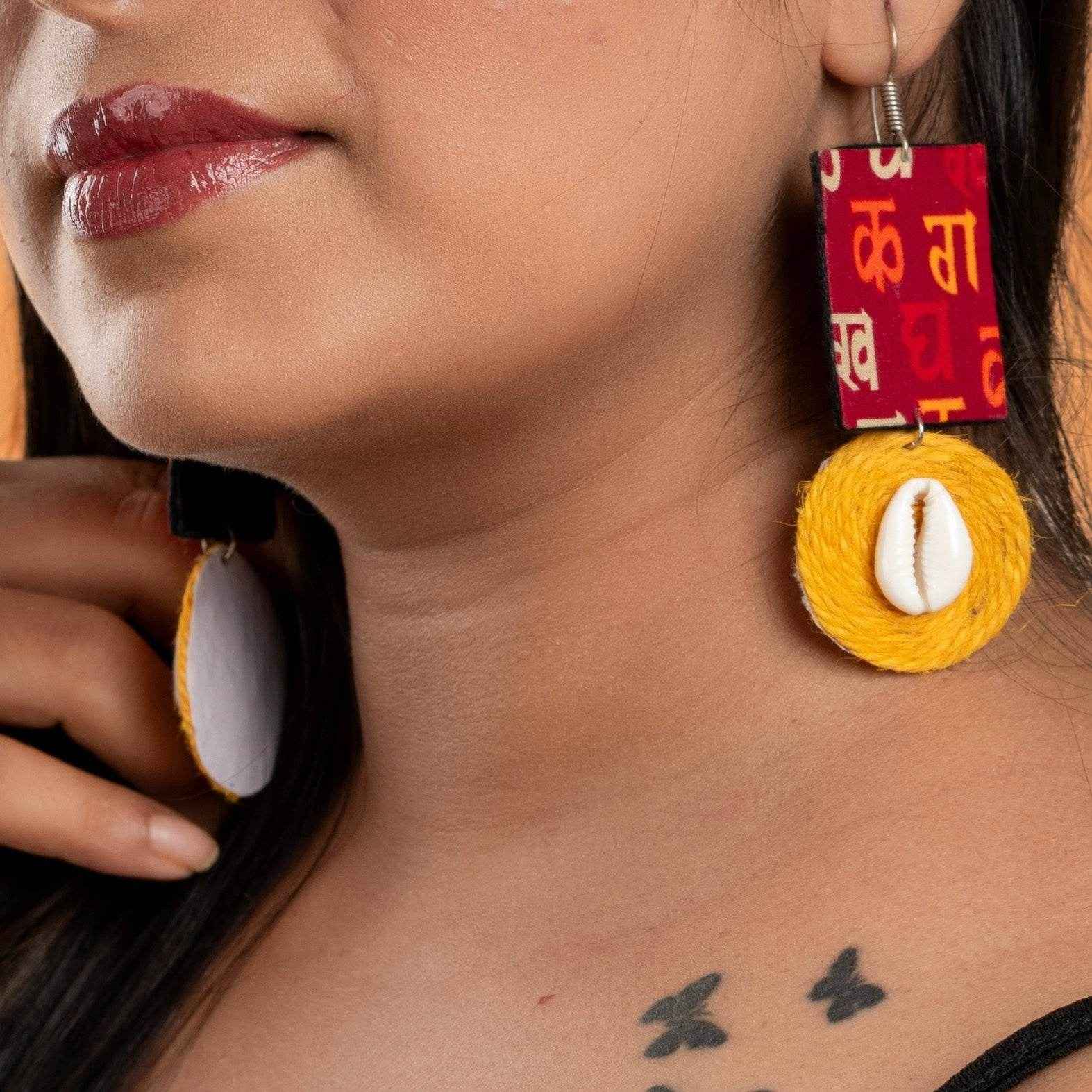 Handmade Fabric Earrings - Red Block Print with Yellow Jute Cowrie, Non-Allergic - Lookandadorn.com