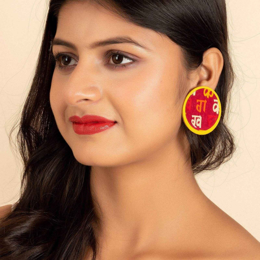Handmade Yellow Red Script Fabric Stud Earrings Silver for All Occasions - Non-Allergic and Stylish - Lookandadorn.com