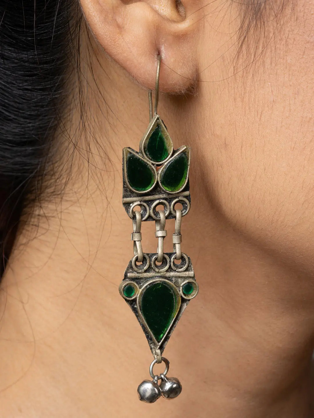 LOOK AND ADORN Afghani earrings with green stones and traditional intricate silver design