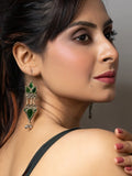 Elegant woman wearing green and silver afghani earrings showcasing traditional Afghani jewellery style