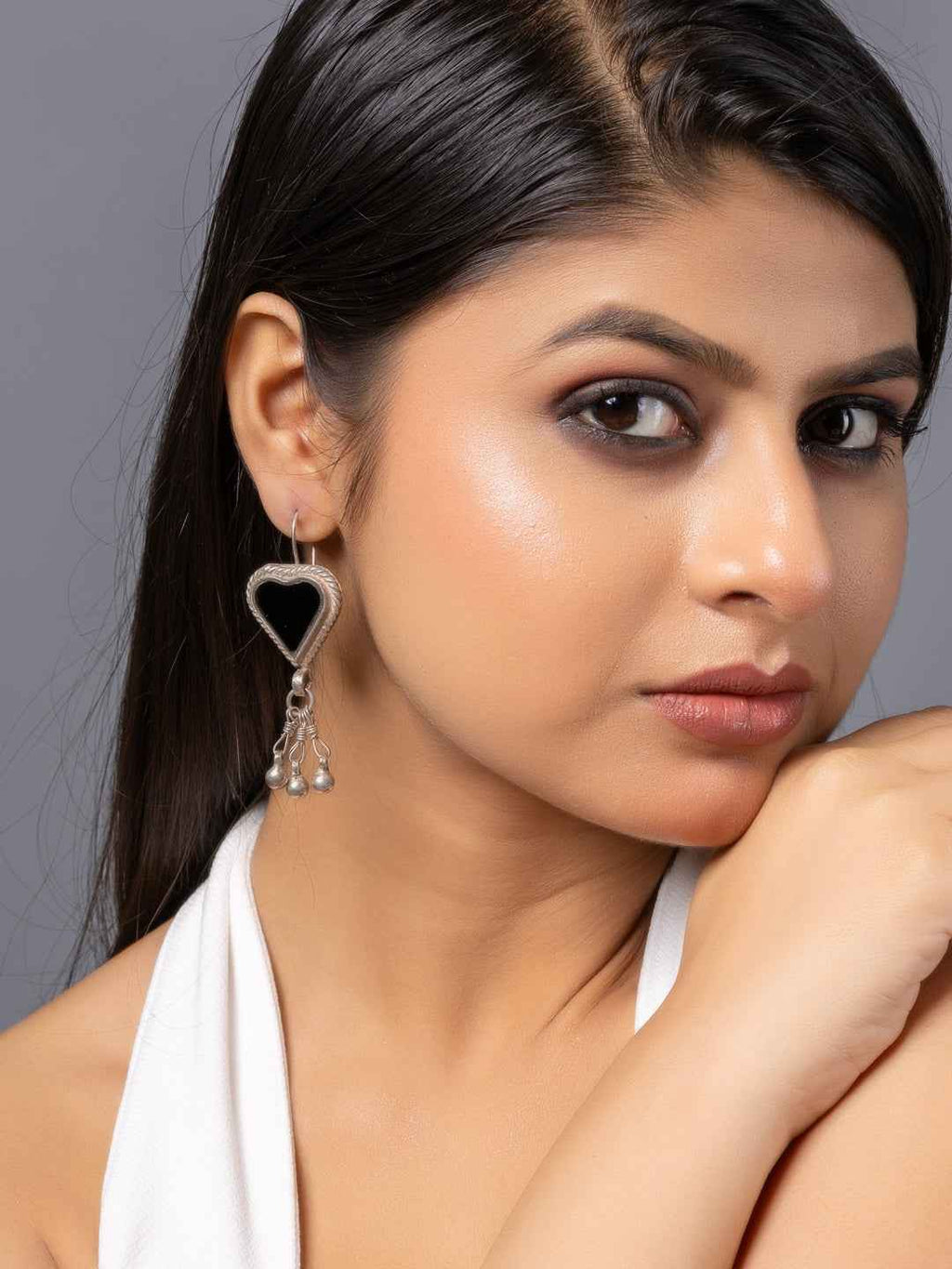 Oxidized silver afghani earrings in heart shape with dangling pearls for a stylish look