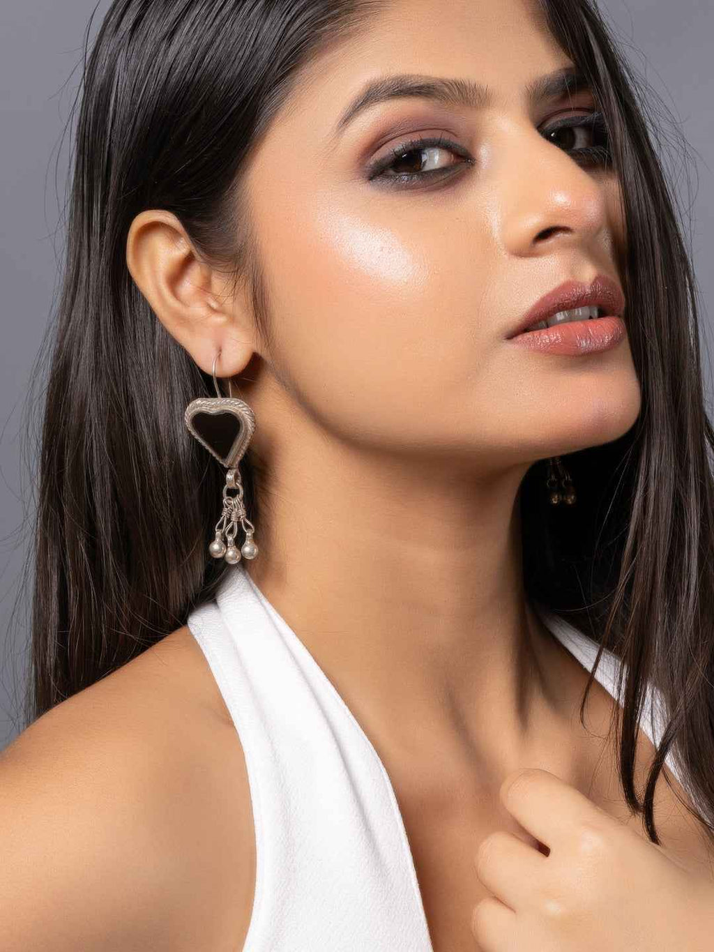 Oxidized silver heart-shaped afghani earrings with hanging beads for a stylish look
