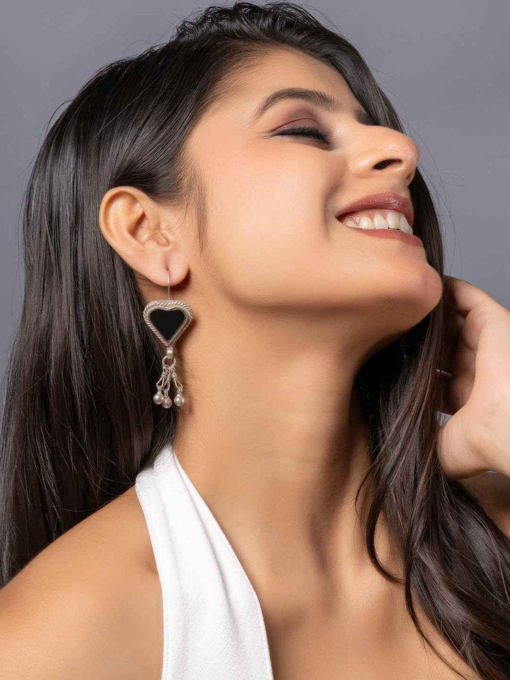 Oxidized metal afghani earrings in heart shape with dangling gems, perfect for bohemian style