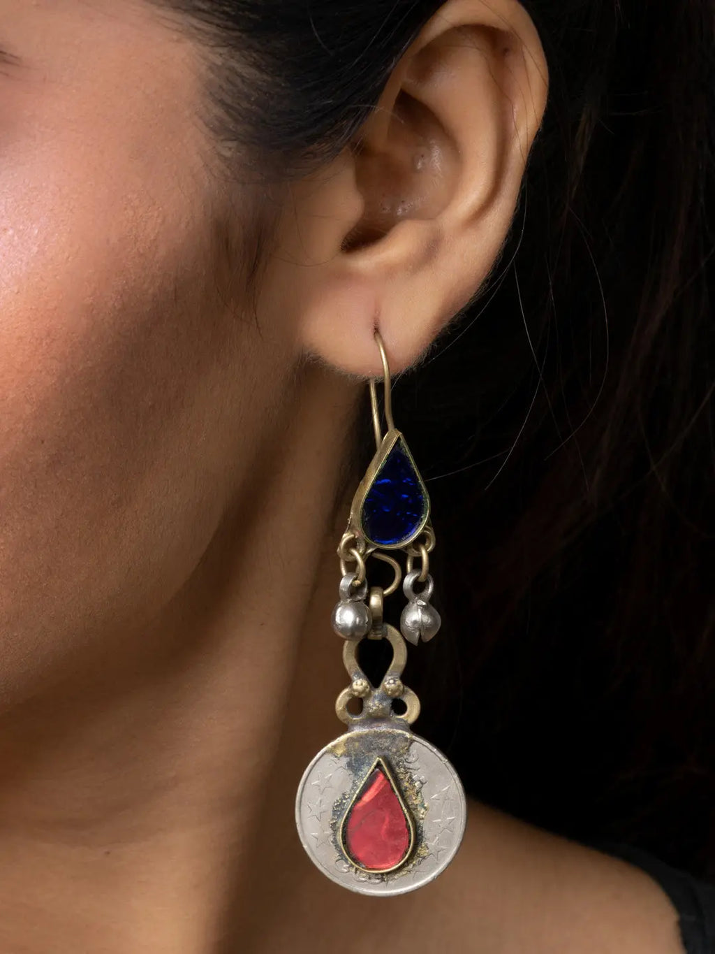 LOOK AND ADORN Afghani earrings featuring blue and red stones with intricate silver and gold detailing
