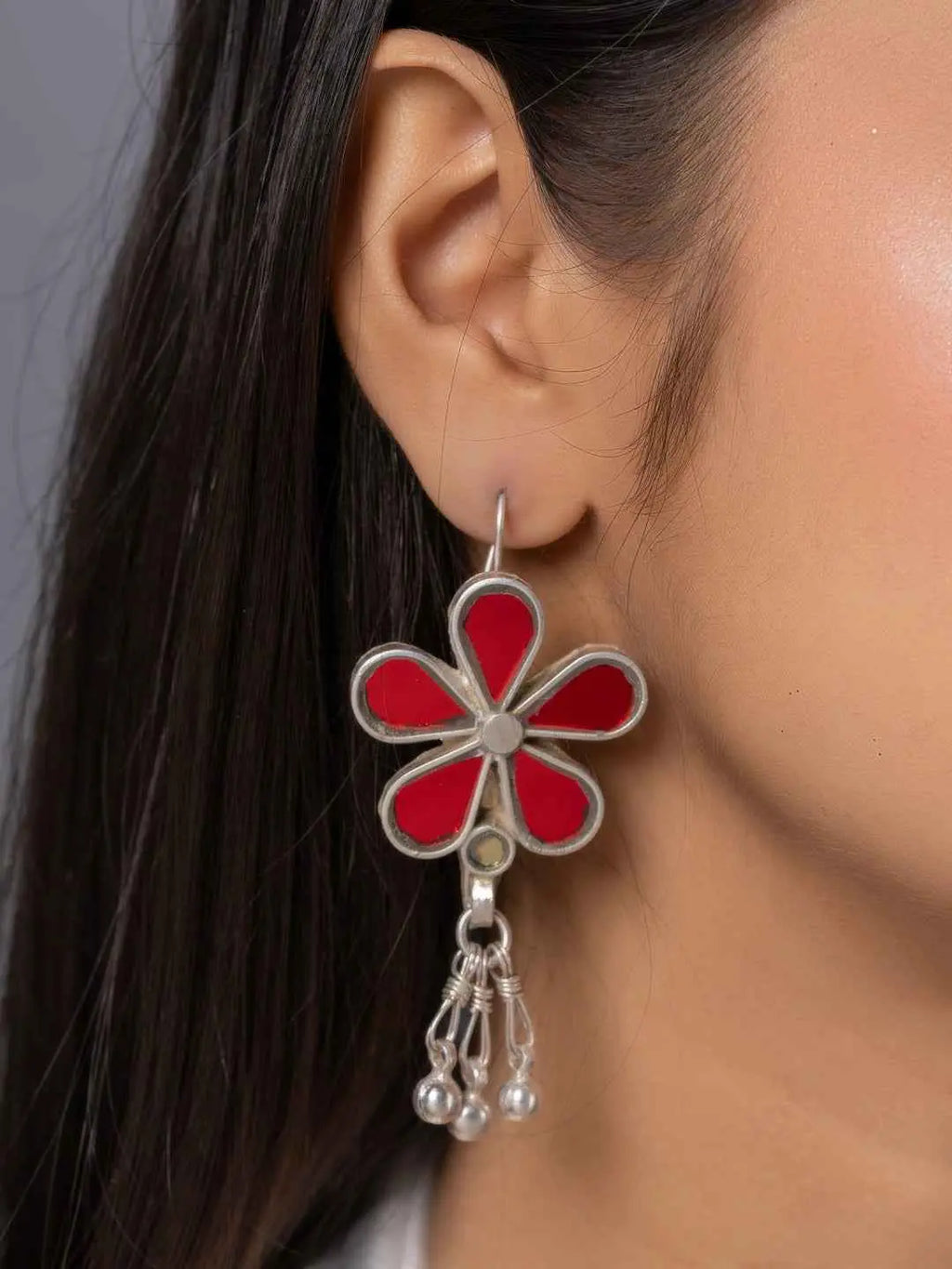 Oxidized silver Afghani earrings with red flower design and dangling pearl accents