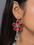 Oxidized silver Afghani earrings with red flower design and dangling pearl accents