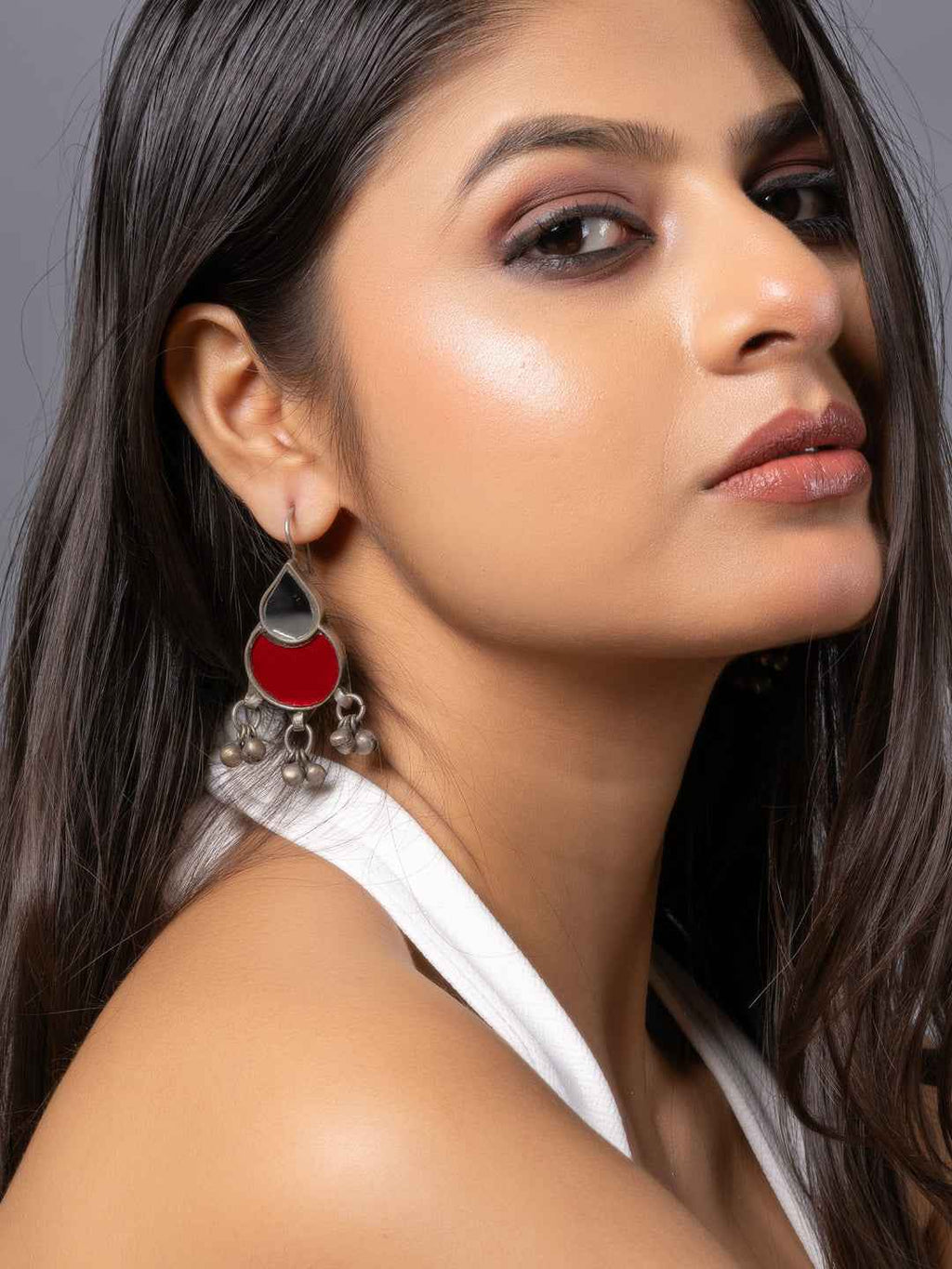 Oxidized afghani earrings in silver with red stone and dangling beads for a trendy look