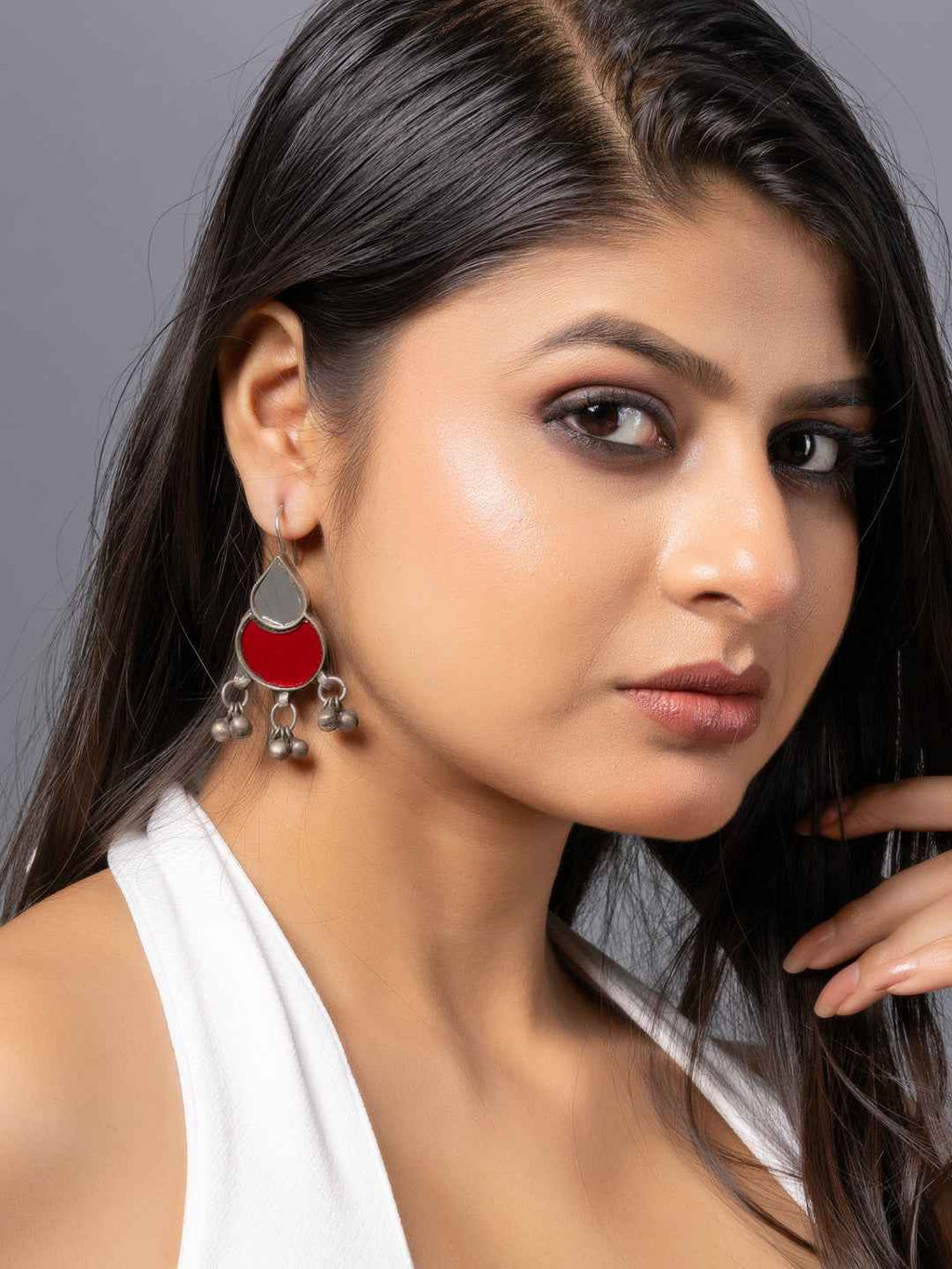 Stylish Afghani earrings with red and gray circular design and silver-tone embellishments
