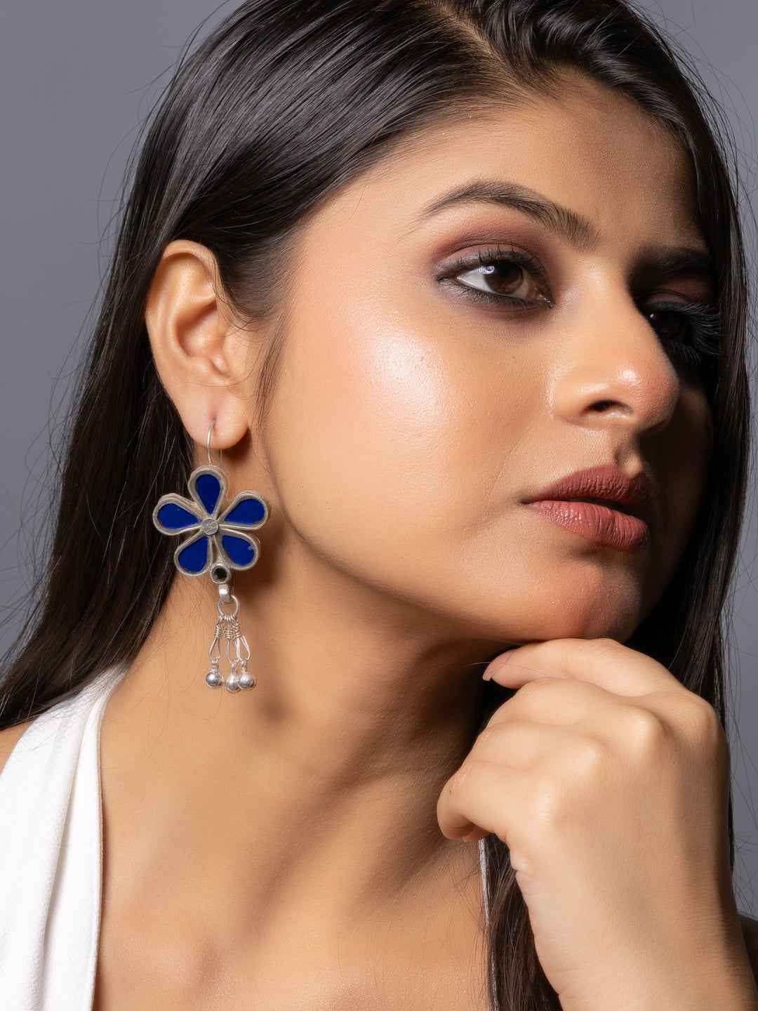 Blue enamel afghani earrings with floral design and dangling beads for a stylish look