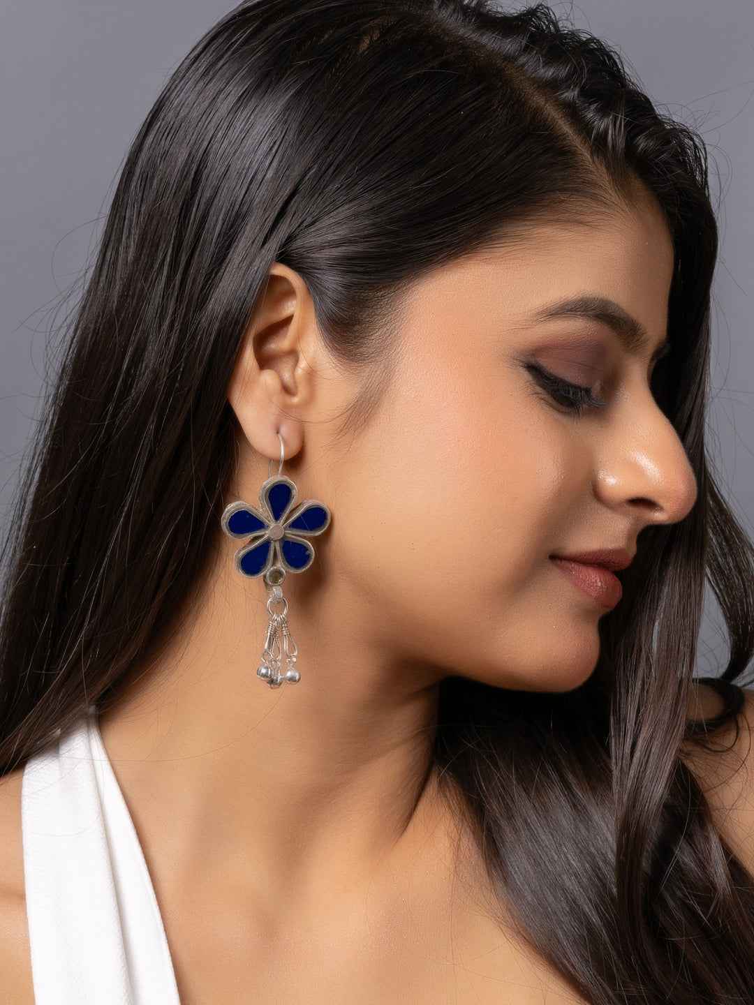 Blue and silver Afghani earrings with floral design and crystal drop for elegant style