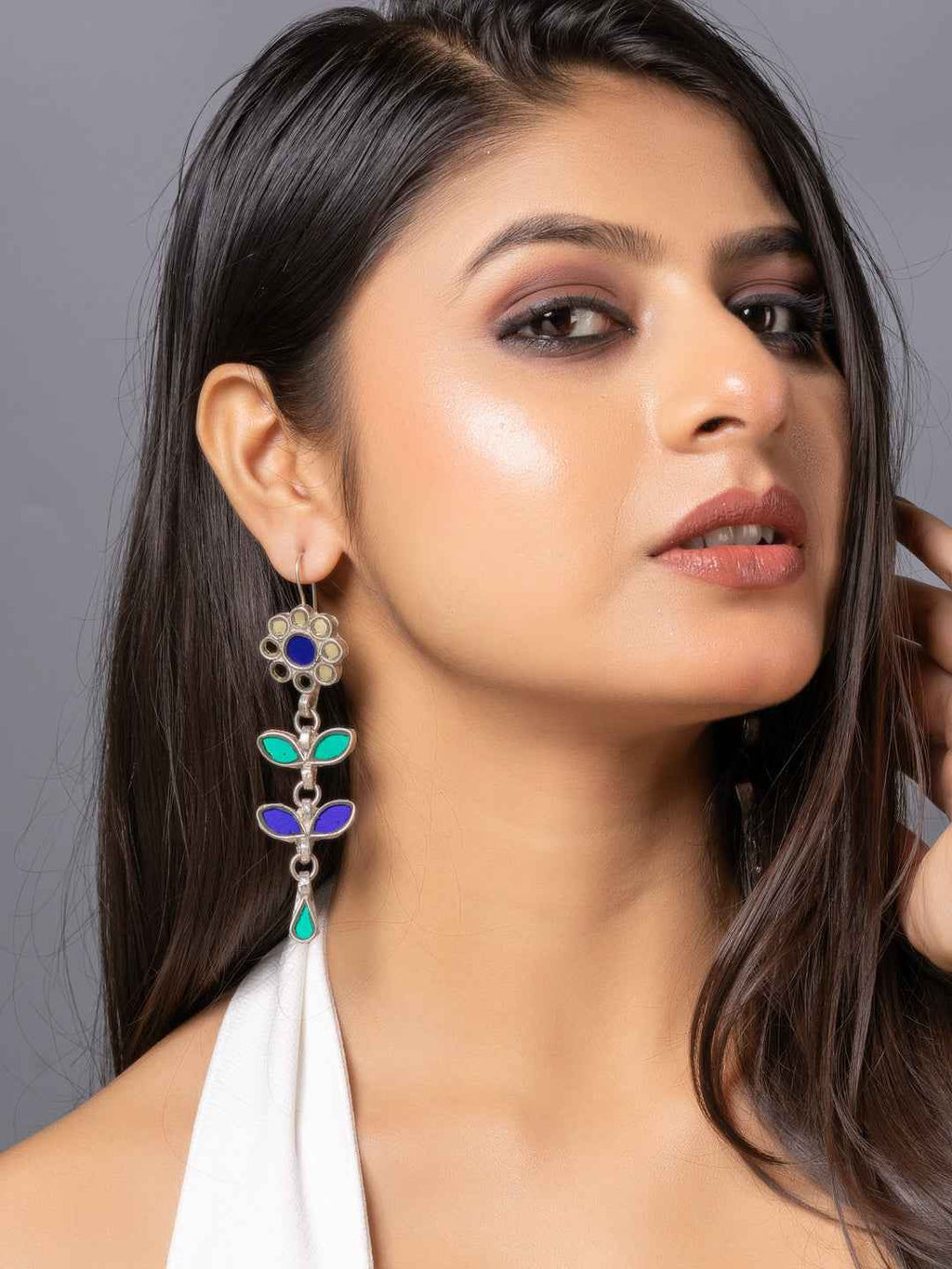Colorful Afghani earrings in oxidized silver with blue, green, and purple stones for a stylish look