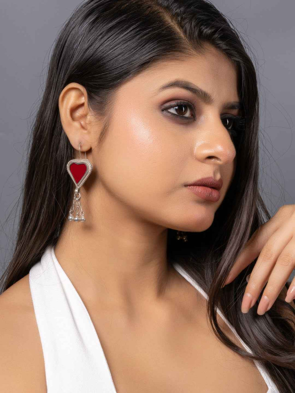 Oxidized silver Afghani earrings with red stone and intricate drop design for a stylish look