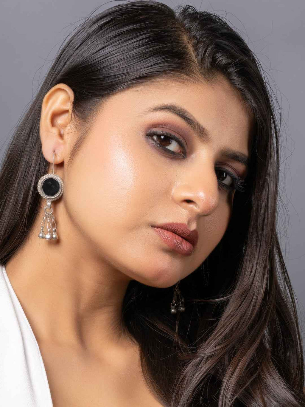 Oxidized silver Afghani earrings with black onyx and dangling pearl accents for elegant style